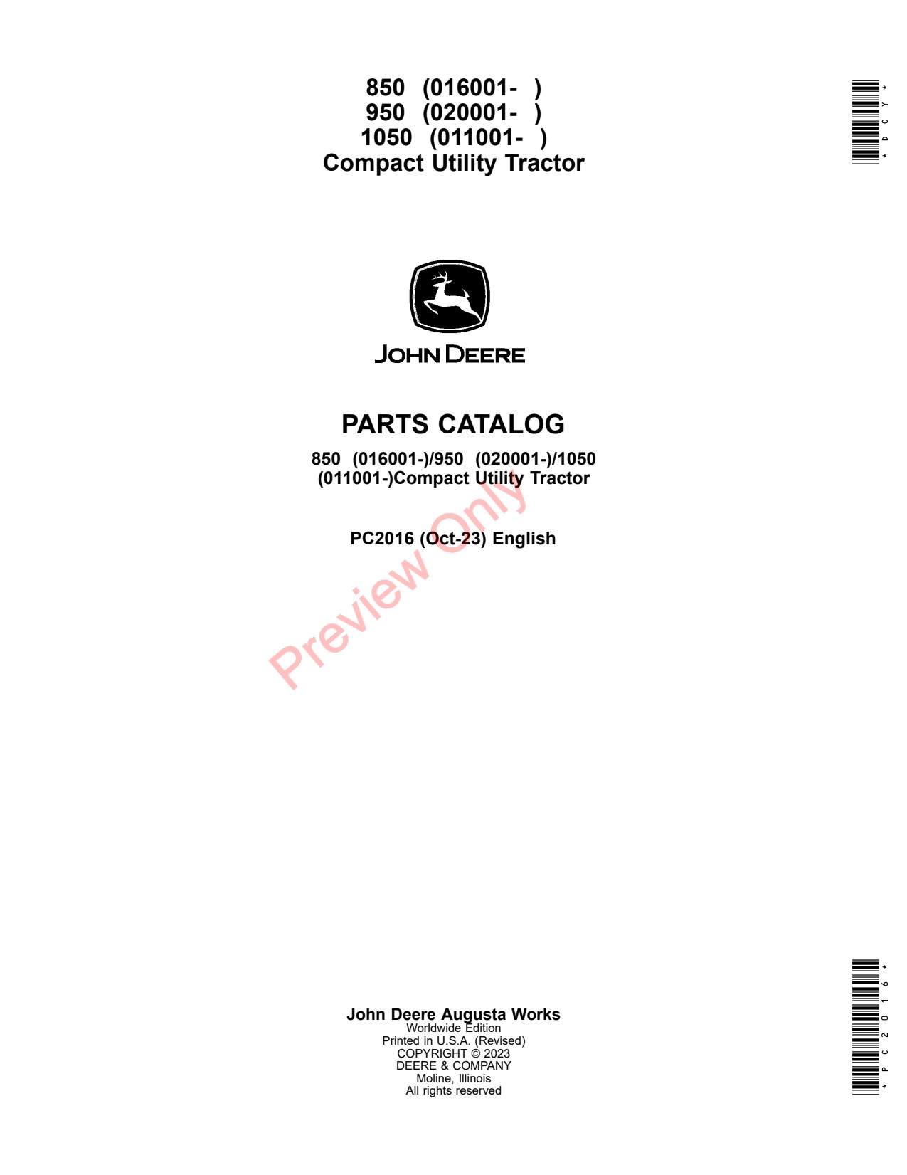 John Deere 850 to 1050 Compact Utility Tractor Parts Catalog PC2016 1 John Deere 850 to 1050 Compact Utility Tractor Parts Catalog PC2016