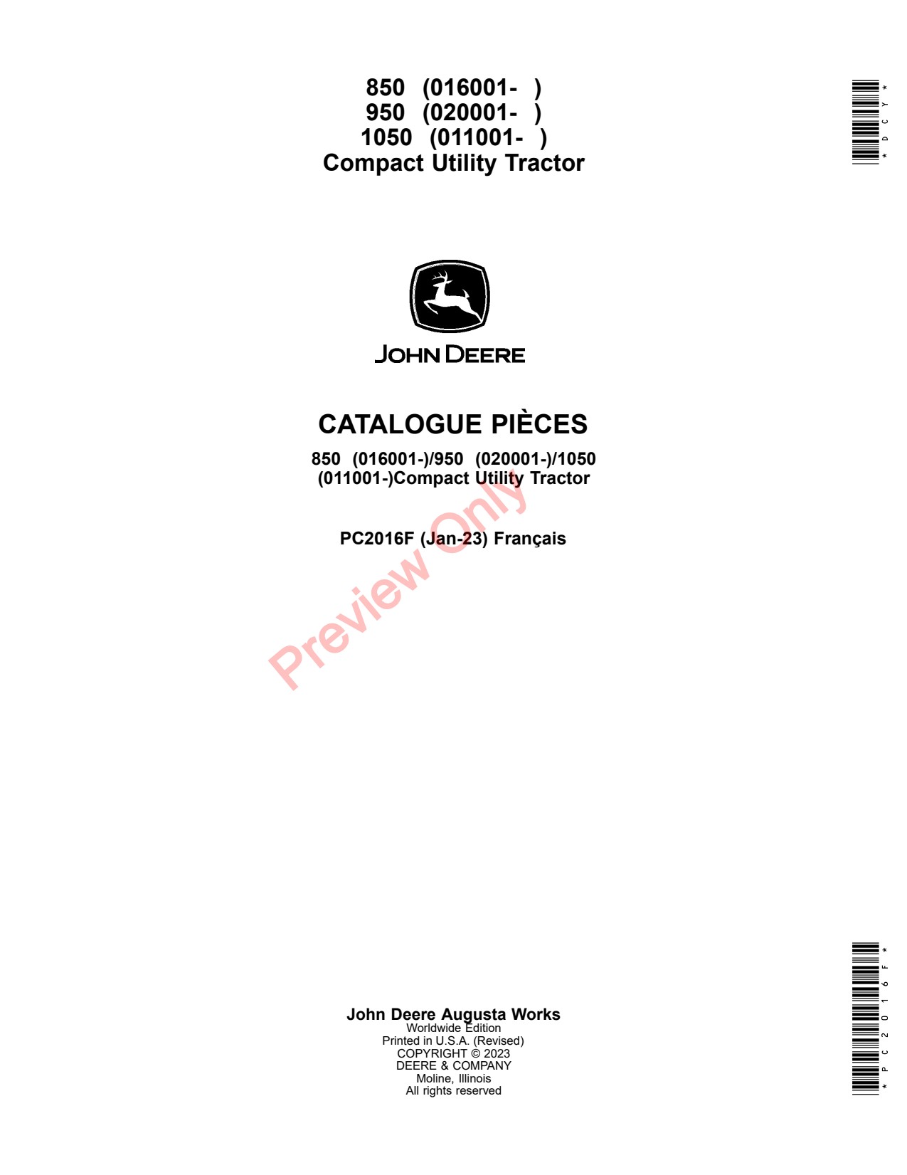 John Deere 850 to 1050 Compact Utility Tractor Parts Catalog PC2016F FR 1 John Deere 850 to 1050 Compact Utility Tractor Parts Catalog PC2016F FR
