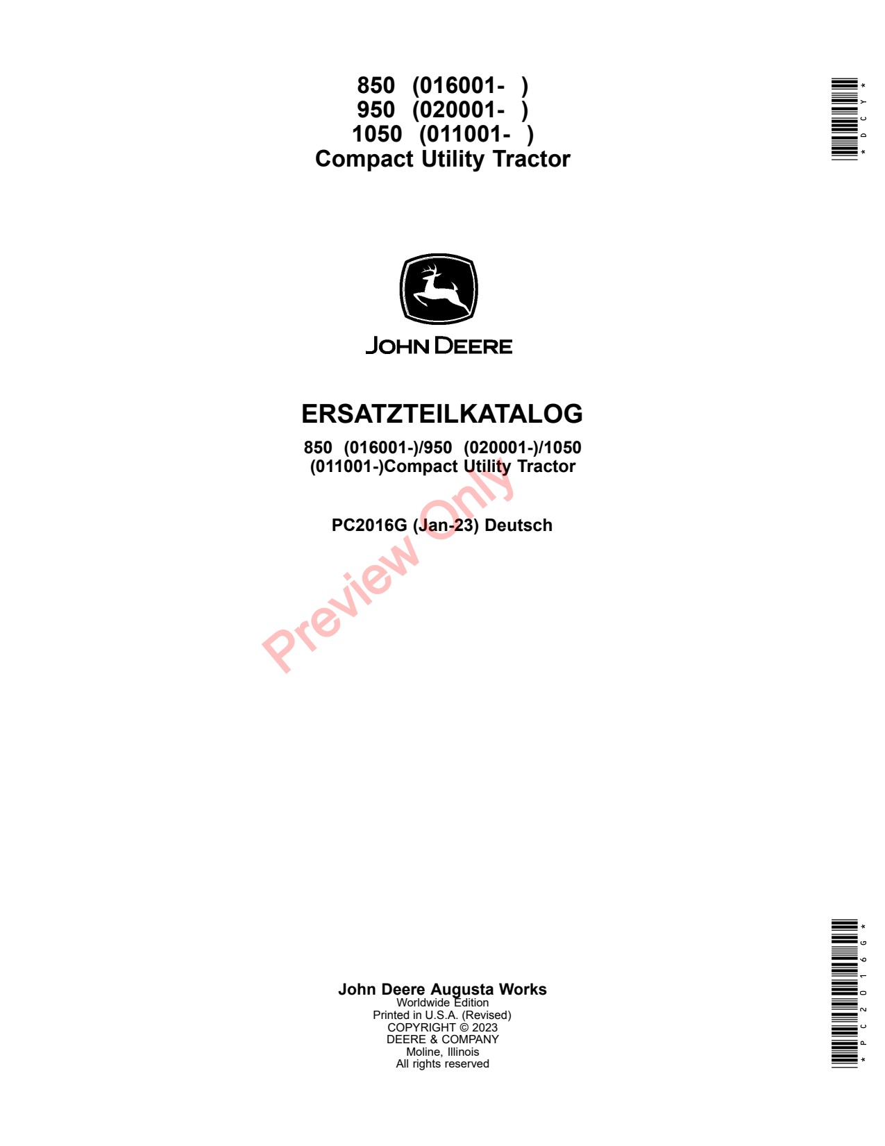 John Deere 850 to 1050 Compact Utility Tractor Parts Catalog PC2016G DE 1 John Deere 850 to 1050 Compact Utility Tractor Parts Catalog PC2016G DE