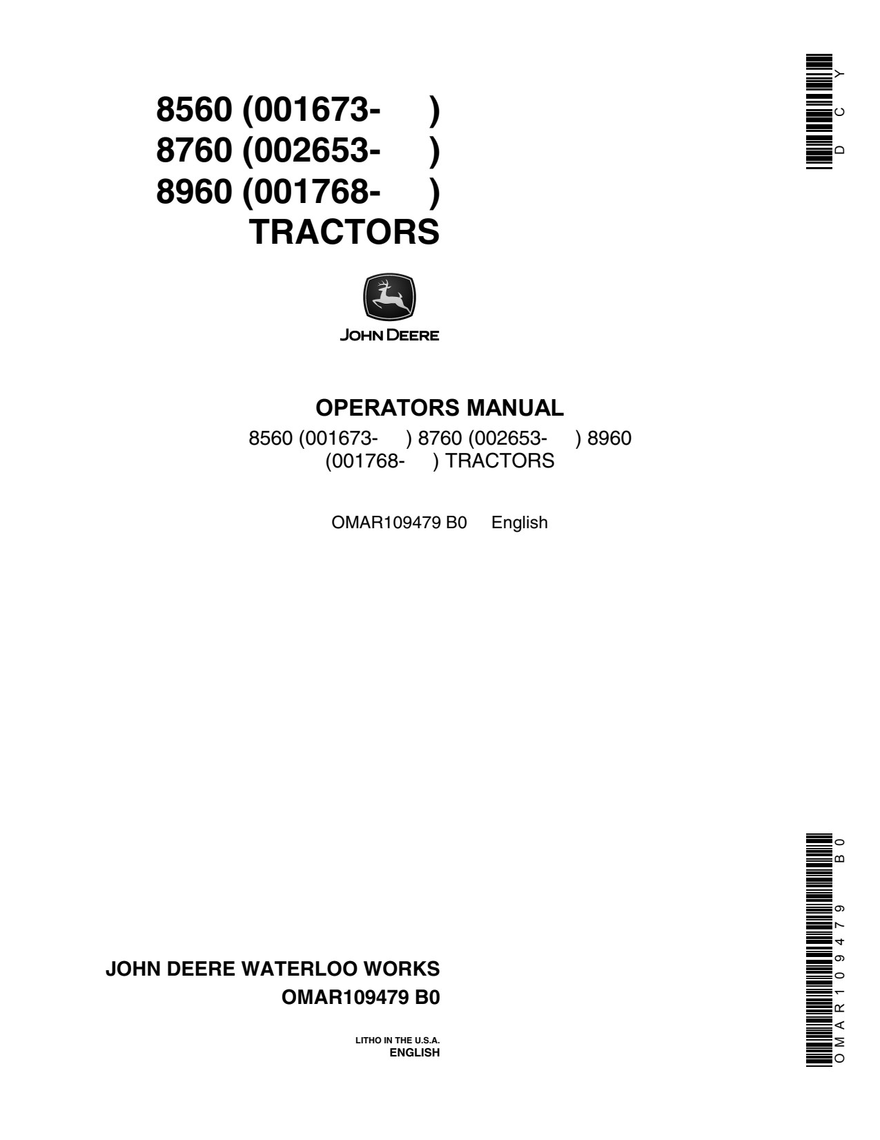 John Deere 8560 to 8960 8750 Tractor Operator Manual OMAR109479 1 John Deere 8560 to 8960 8750 Tractor Operator Manual OMAR109479