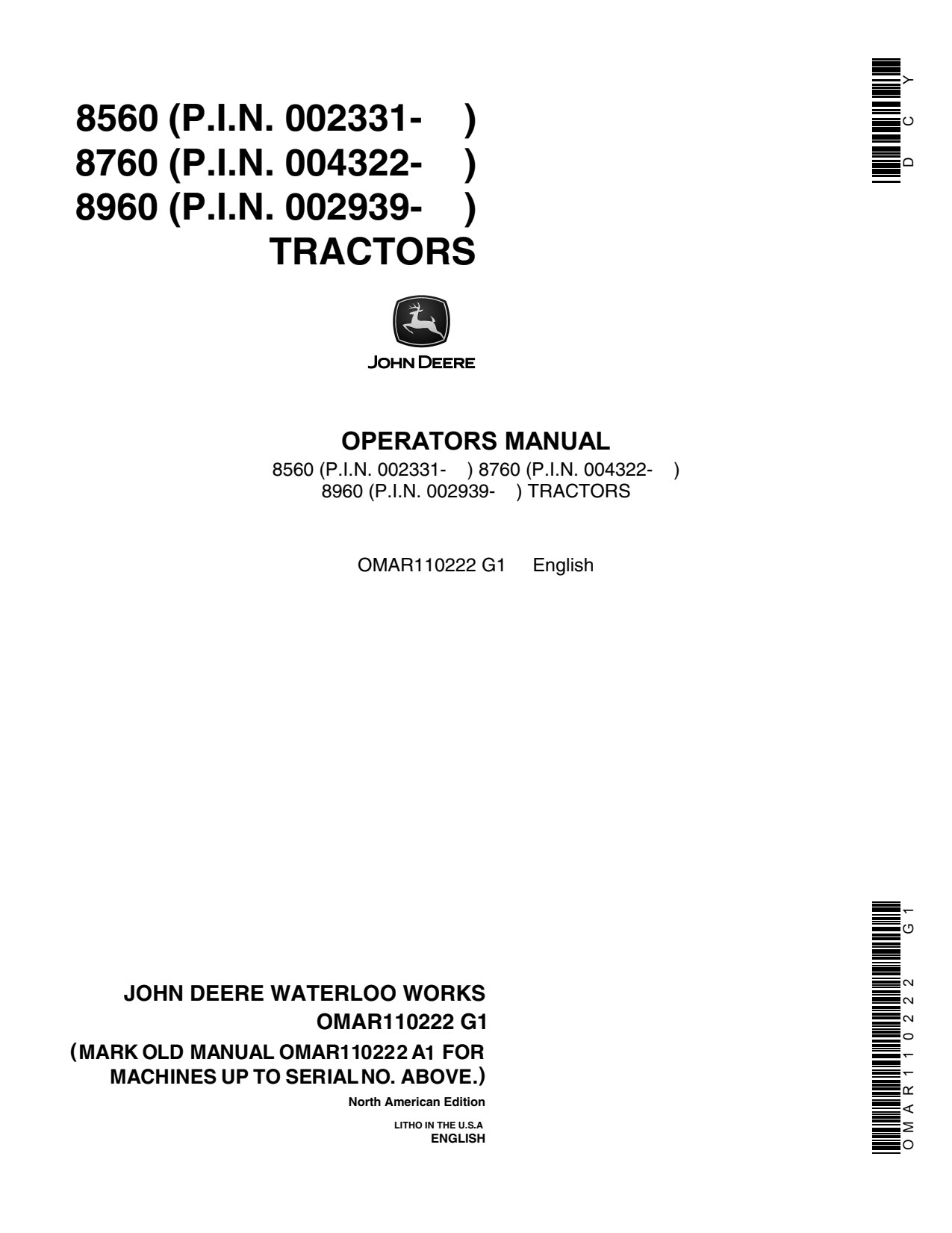 John Deere 8560 to 8960 Tractor Operator Manual OMAR110222 1 John Deere 8560 to 8960 Tractor Operator Manual OMAR110222