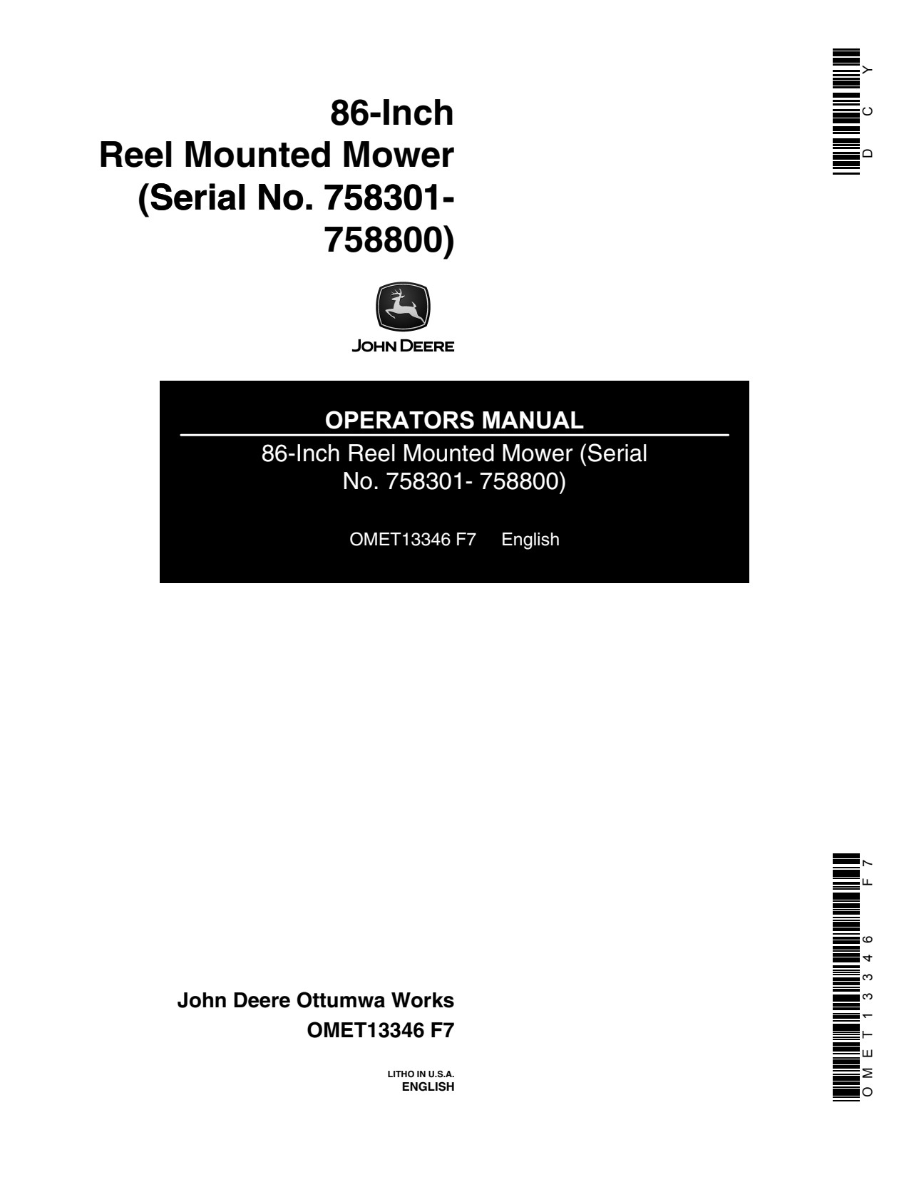 John Deere 86 Inch Reel Mounted Mower Operator Manual OMET13346 1 John Deere 86 Inch Reel Mounted Mower Operator Manual OMET13346