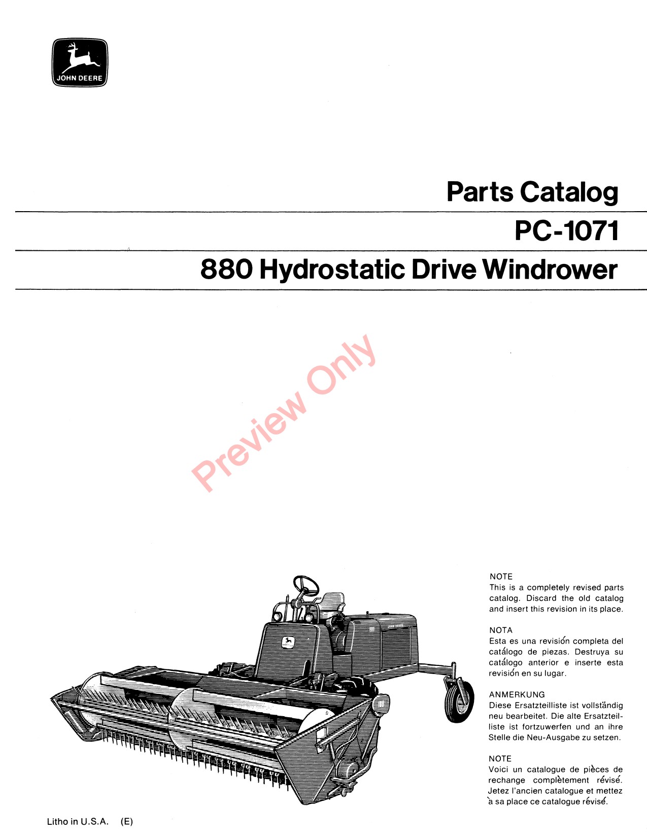 John Deere 880 Hydrostatic Drive Windrower Parts Catalog PC1071 1 John Deere 880 Hydrostatic Drive Windrower Parts Catalog PC1071