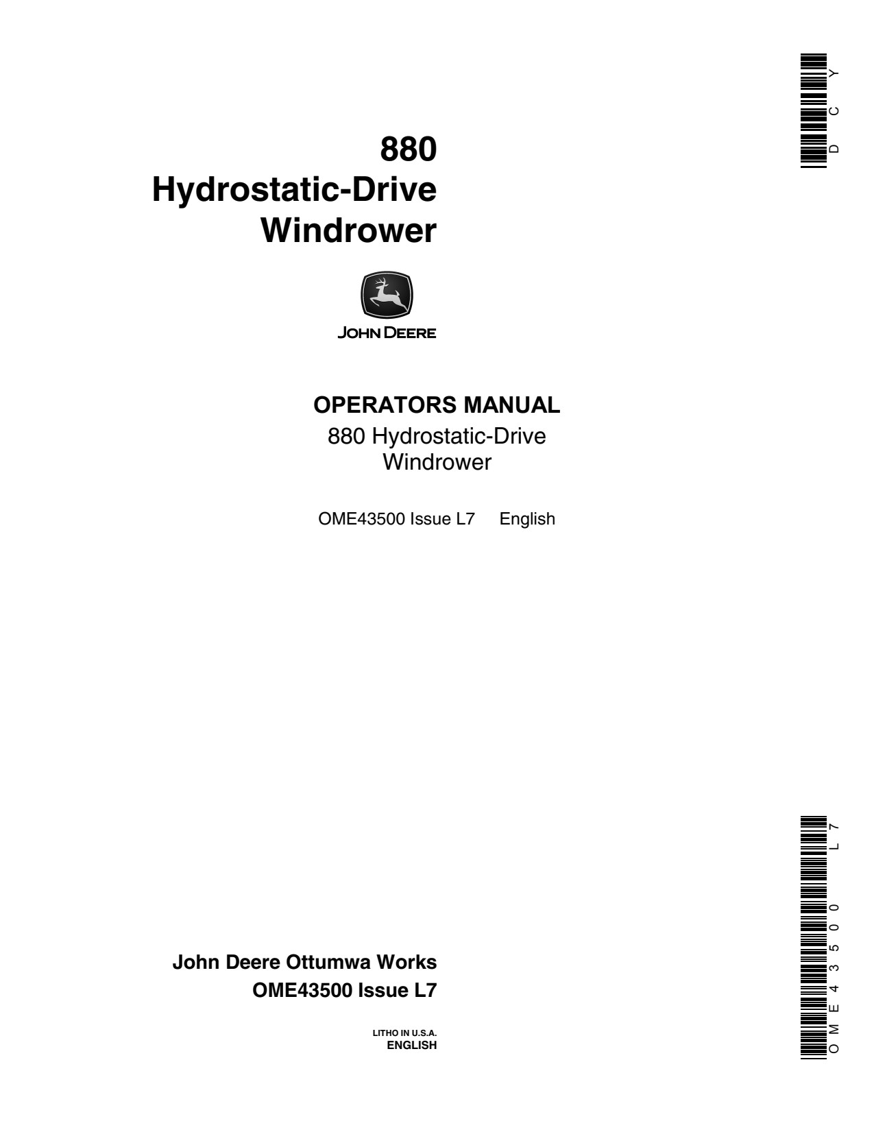 John Deere 880 Hydrostatic-drive Windrower Operator Manual OME43500 1 John Deere 880 Hydrostatic-drive Windrower Operator Manual OME43500