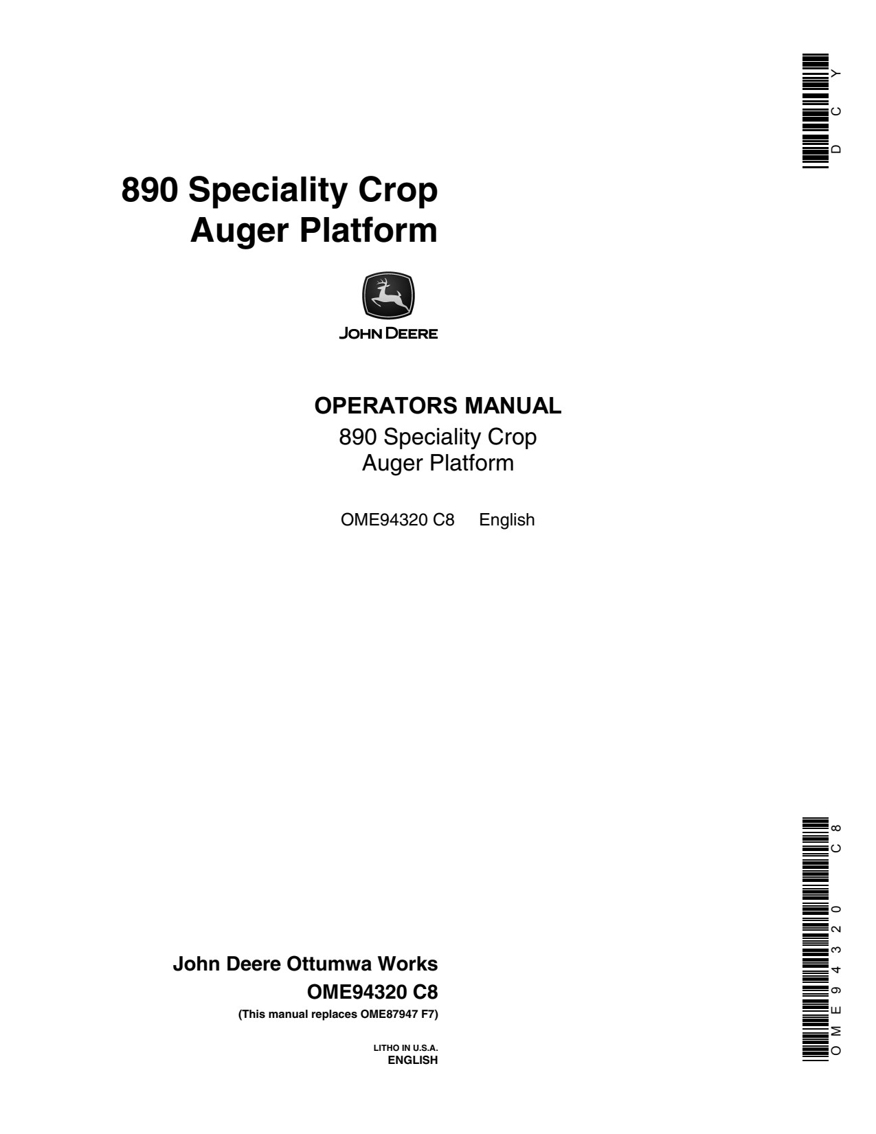 John Deere 890 4890 14 16 Specialty Crop Header Platform Operator Manual OME94320 1 John Deere 890 4890 14 16 Specialty Crop Header Platform Operator Manual OME94320