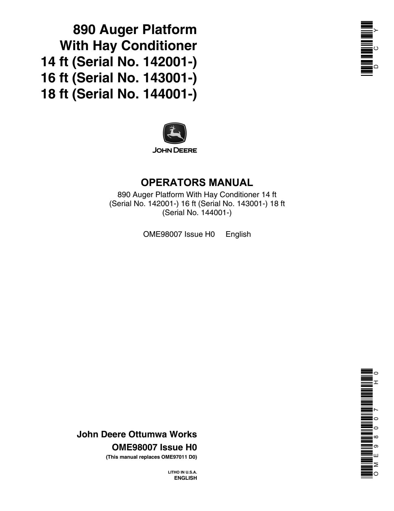 John Deere 890 4890 Header Platform Operator Manual OME98007 1 John Deere 890 4890 Header Platform Operator Manual OME98007