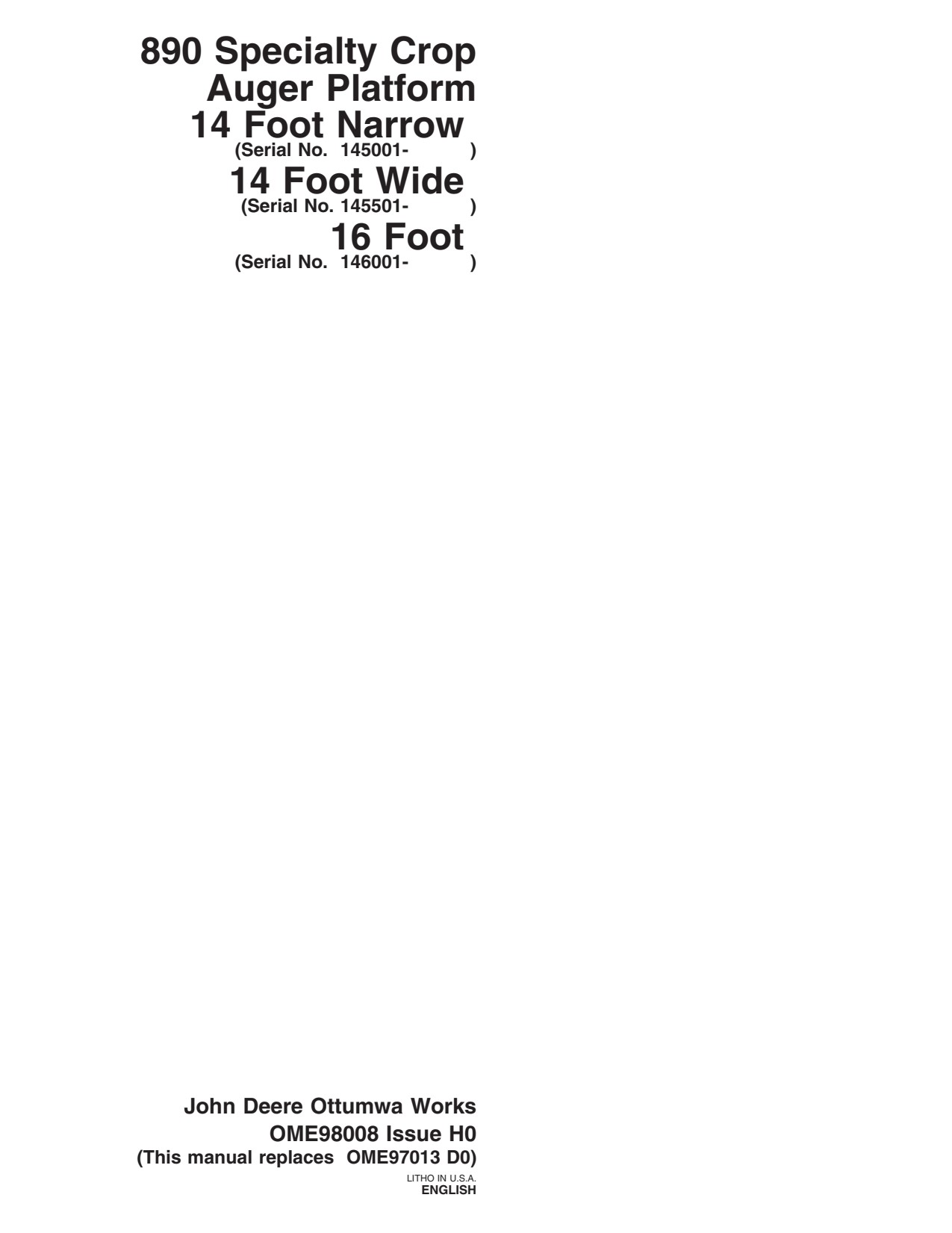 John Deere 890 4890 Specialty Crop Header Platform Operator Manual OME98008 1 John Deere 890 4890 Specialty Crop Header Platform Operator Manual OME98008