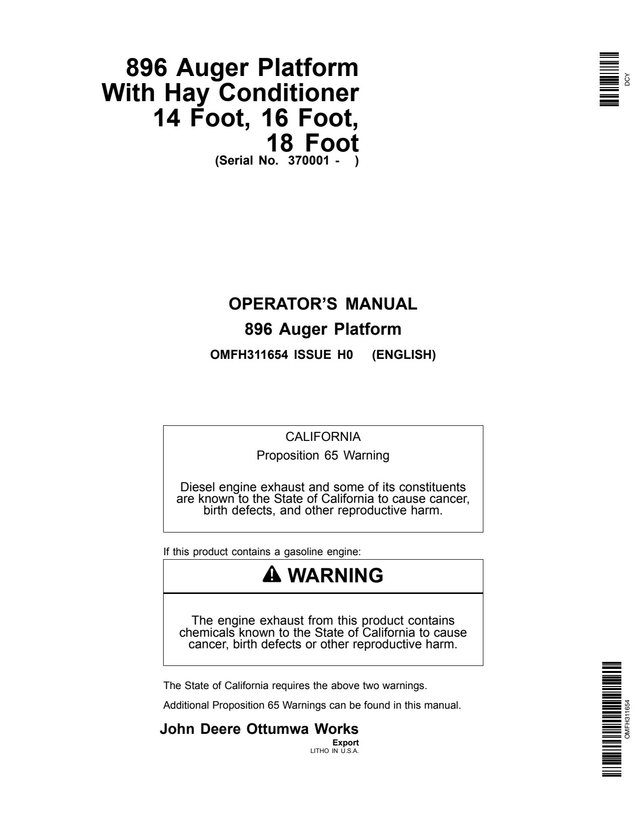 John Deere 896 Header Platform Operator Manual OMFH311654 1 John Deere 896 Header Platform Operator Manual OMFH311654