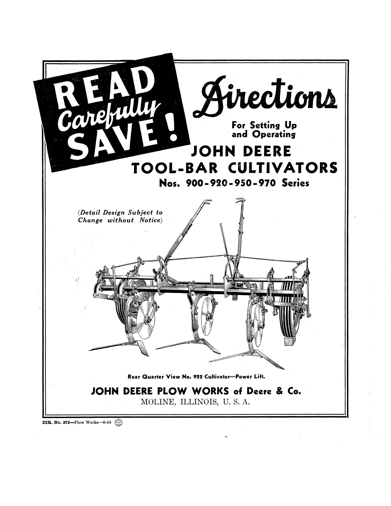 John Deere 900 920 950 970 Toolbar Cultivator Operator Manual DIR373 1 John Deere 900 920 950 970 Toolbar Cultivator Operator Manual DIR373