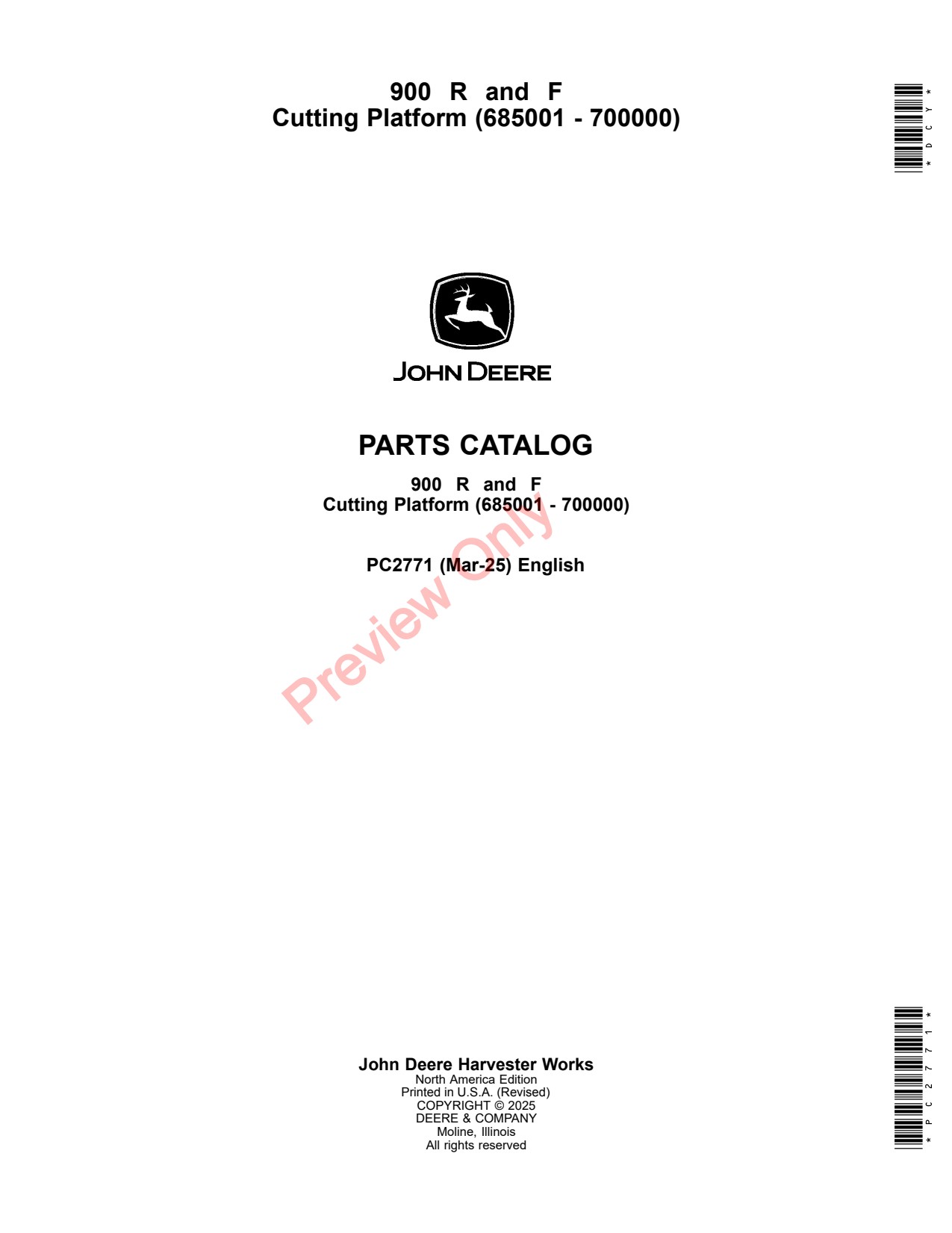 John Deere 900 R F Header Platform Parts Catalog PC2771 1 John Deere 900 R F Header Platform Parts Catalog PC2771