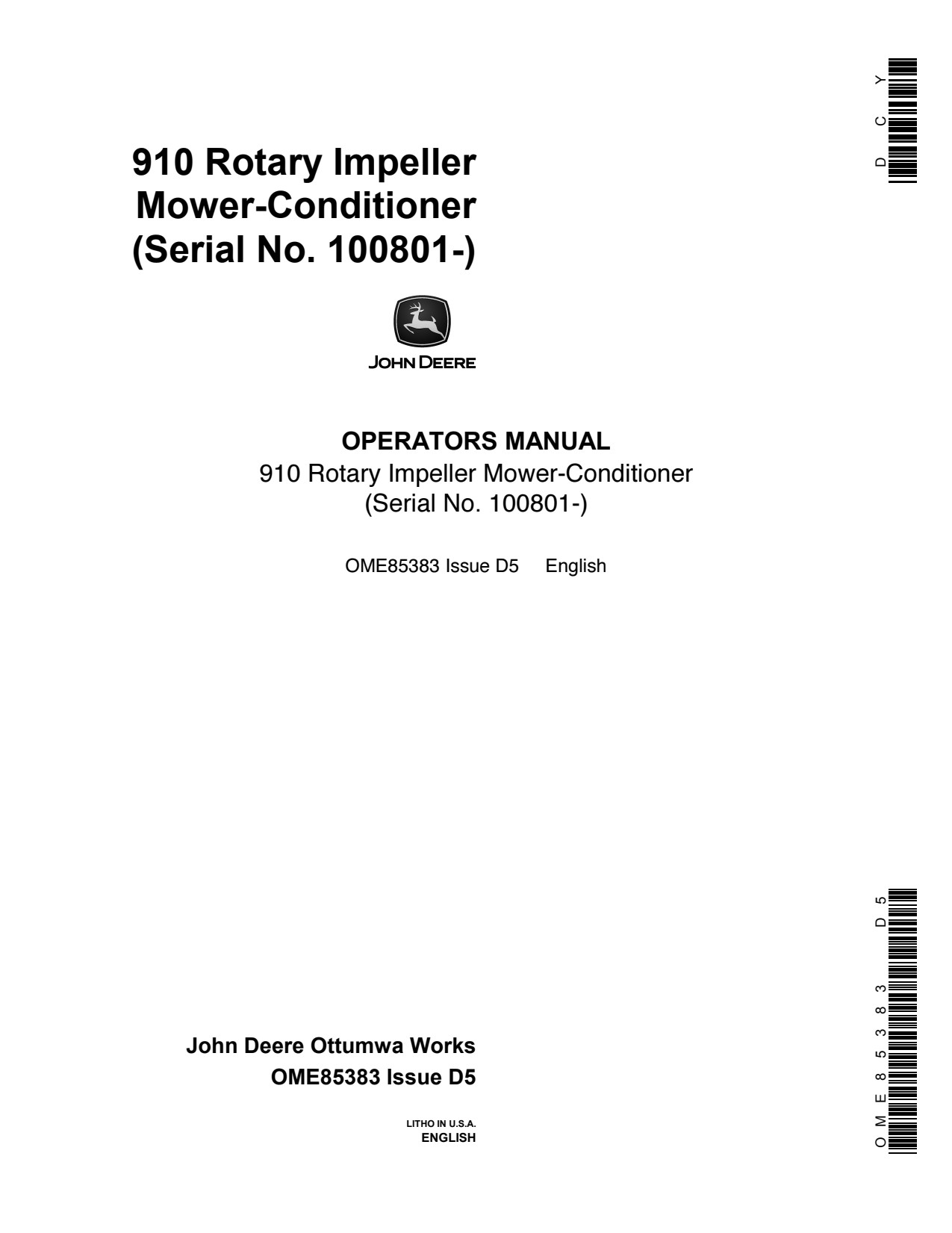 John Deere 910 Rotary Impeller Mower Conditioner Operator Manual OME85383 1 John Deere 910 Rotary Impeller Mower Conditioner Operator Manual OME85383