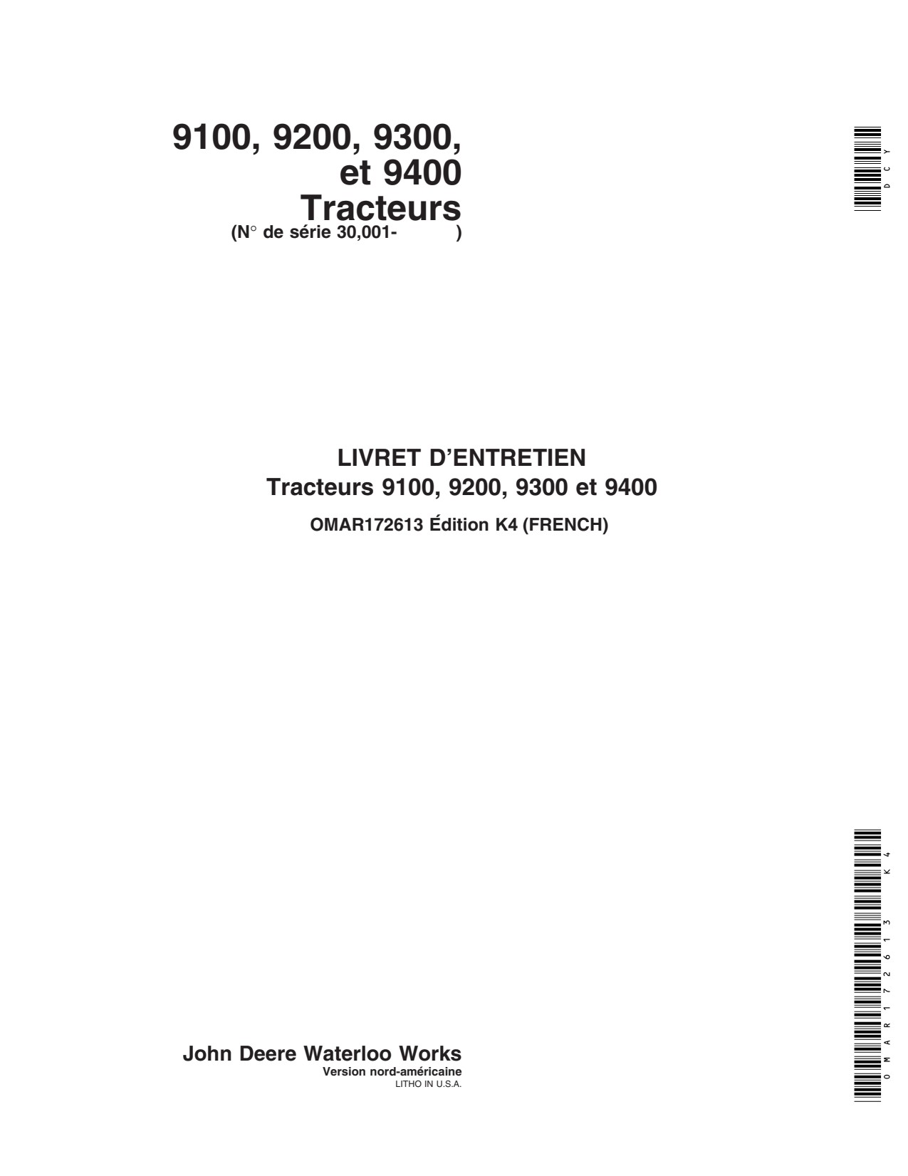 John Deere 9100 to 9400 Tractor Operator Manual OMAR172613 FR 1 John Deere 9100 to 9400 Tractor Operator Manual OMAR172613 FR
