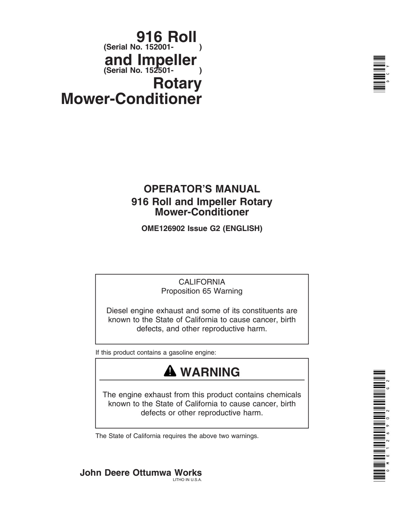 John Deere 916 Rotary Mower Conditioner Operator Manual OME126902 1 John Deere 916 Rotary Mower Conditioner Operator Manual OME126902
