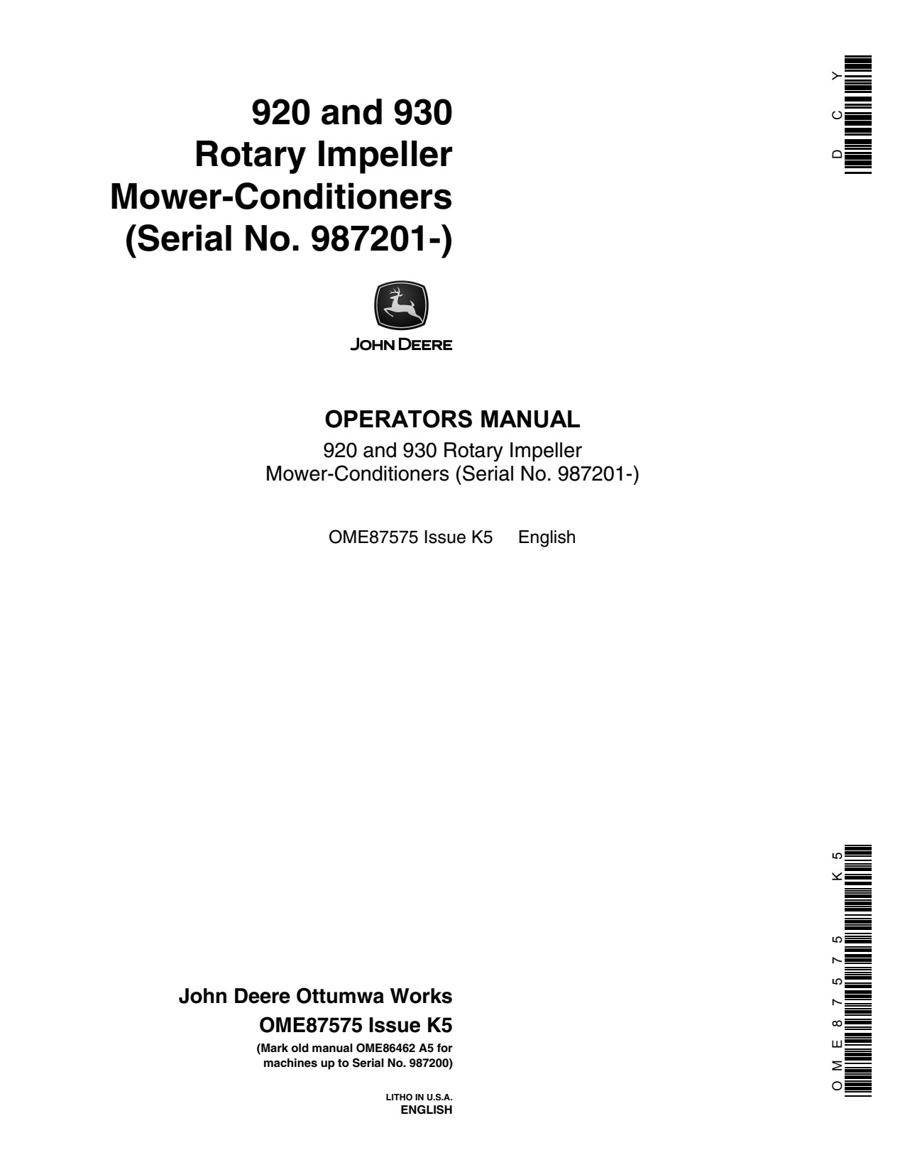 John Deere 920 930 Rotary Impeller Mower Conditioner Operator Manual OME87575 1 John Deere 920 930 Rotary Impeller Mower Conditioner Operator Manual OME87575