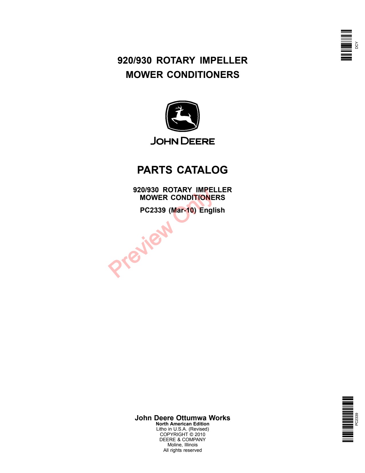 John Deere 920 930 Rotary Impeller Mower Conditioner Parts Catalog PC2339 1 John Deere 920 930 Rotary Impeller Mower Conditioner Parts Catalog PC2339