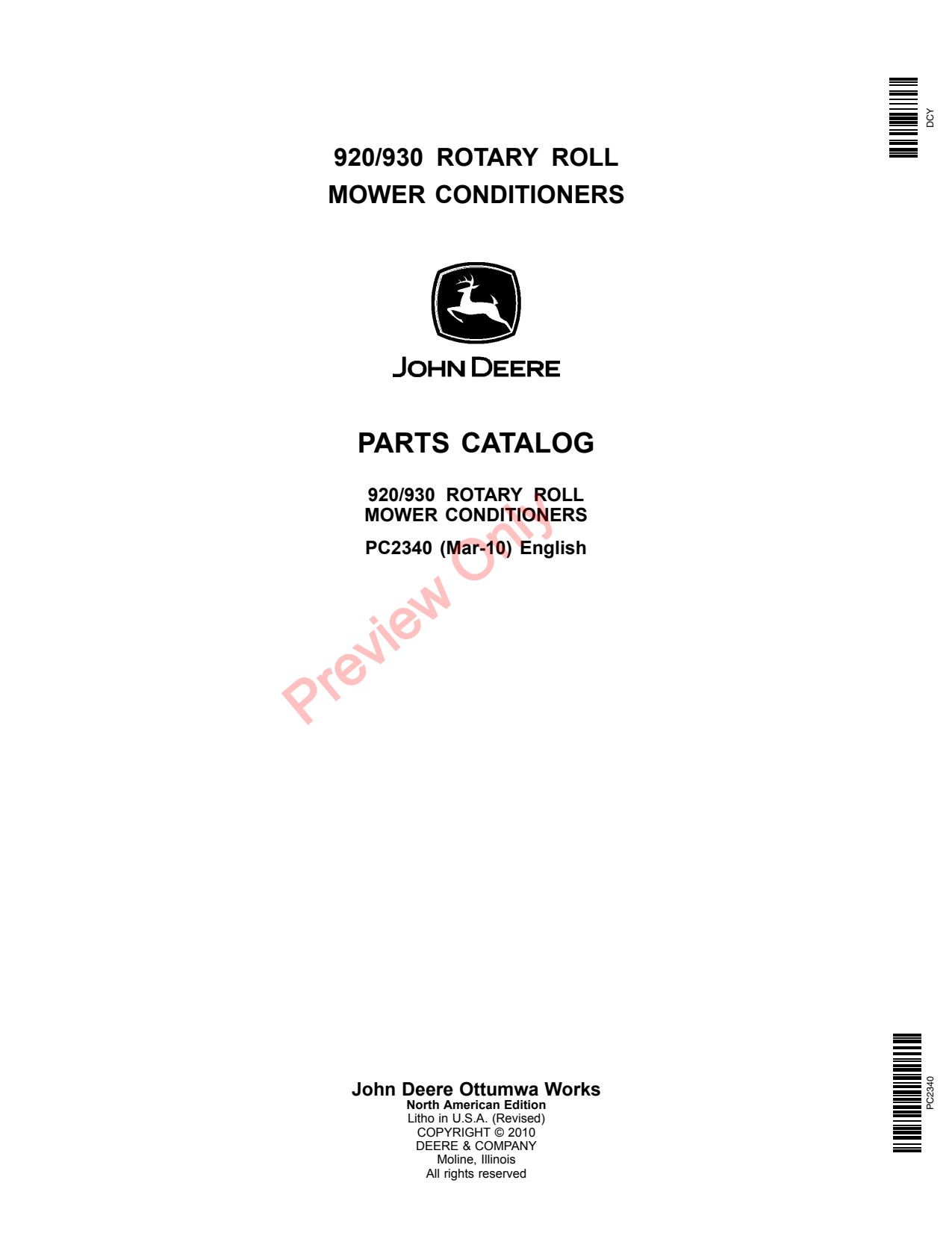 John Deere 920 930 Rotary Roll Mower Conditioner Parts Catalog PC2340 1 John Deere 920 930 Rotary Roll Mower Conditioner Parts Catalog PC2340