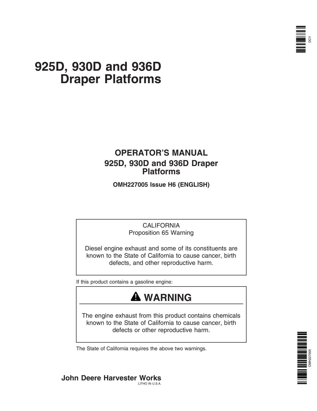 John Deere 925D 930D 936D Header Platform Operator Manual OMH227005 1 John Deere 925D 930D 936D Header Platform Operator Manual OMH227005