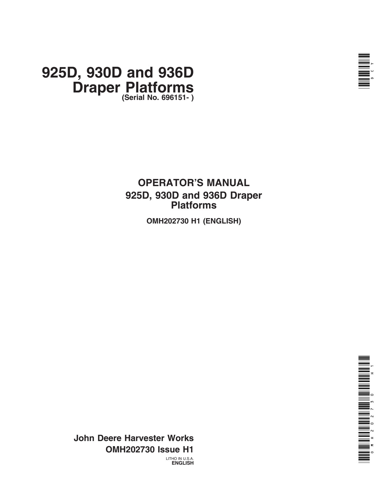 John Deere 925D 936D 9550 9450 9650 STS 9750 CTS 930D Header Platform Operator Manual OMH202730 1 John Deere 925D 936D 9550 9450 9650 STS 9750 CTS 930D Header Platform Operator Manual OMH202730
