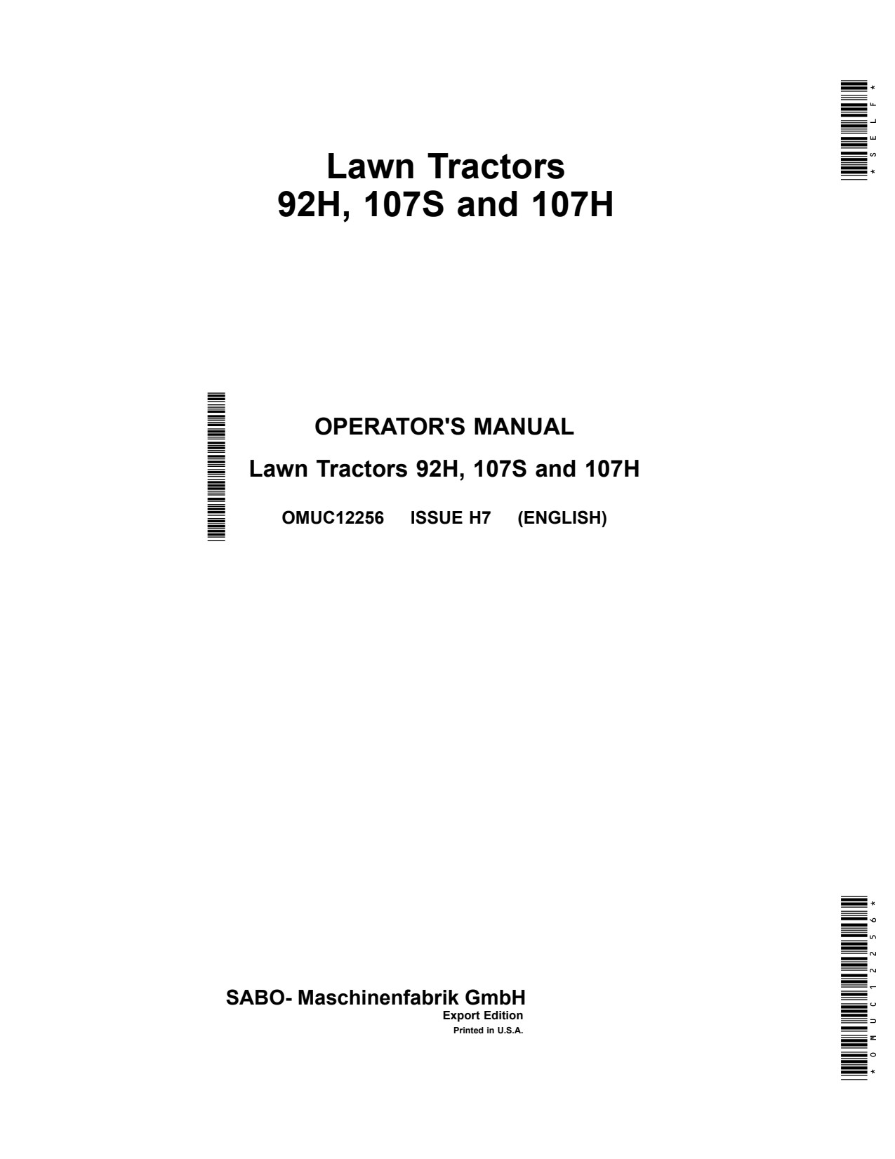 John Deere 92H 107H 107S Sabo Lawn Tractor Operator Manual OMUC12256 1 John Deere 92H 107H 107S Sabo Lawn Tractor Operator Manual OMUC12256