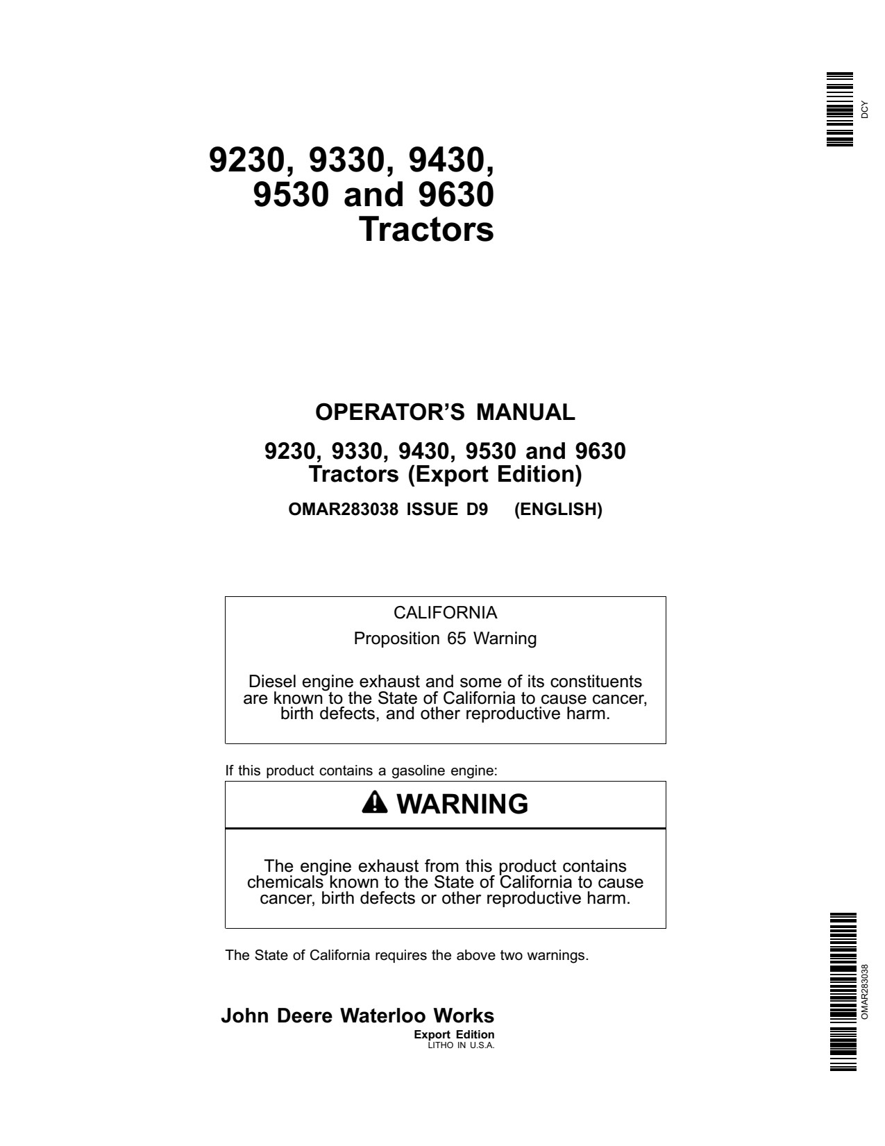 John Deere 9330 to 9630 9230 Tractor Operator Manual OMAR283038 1 John Deere 9330 to 9630 9230 Tractor Operator Manual OMAR283038