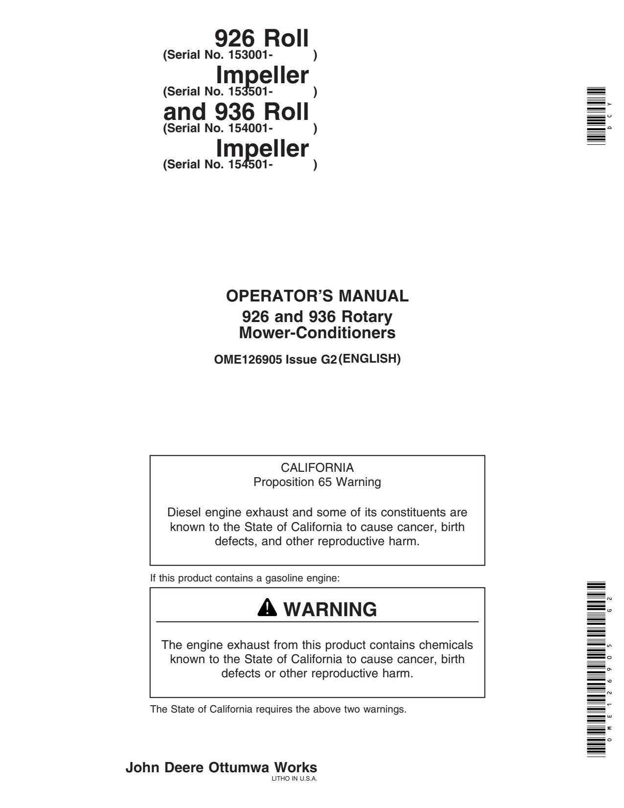 John Deere 936 926 Mower Conditioner Operator Manual OME126905 1 John Deere 936 926 Mower Conditioner Operator Manual OME126905
