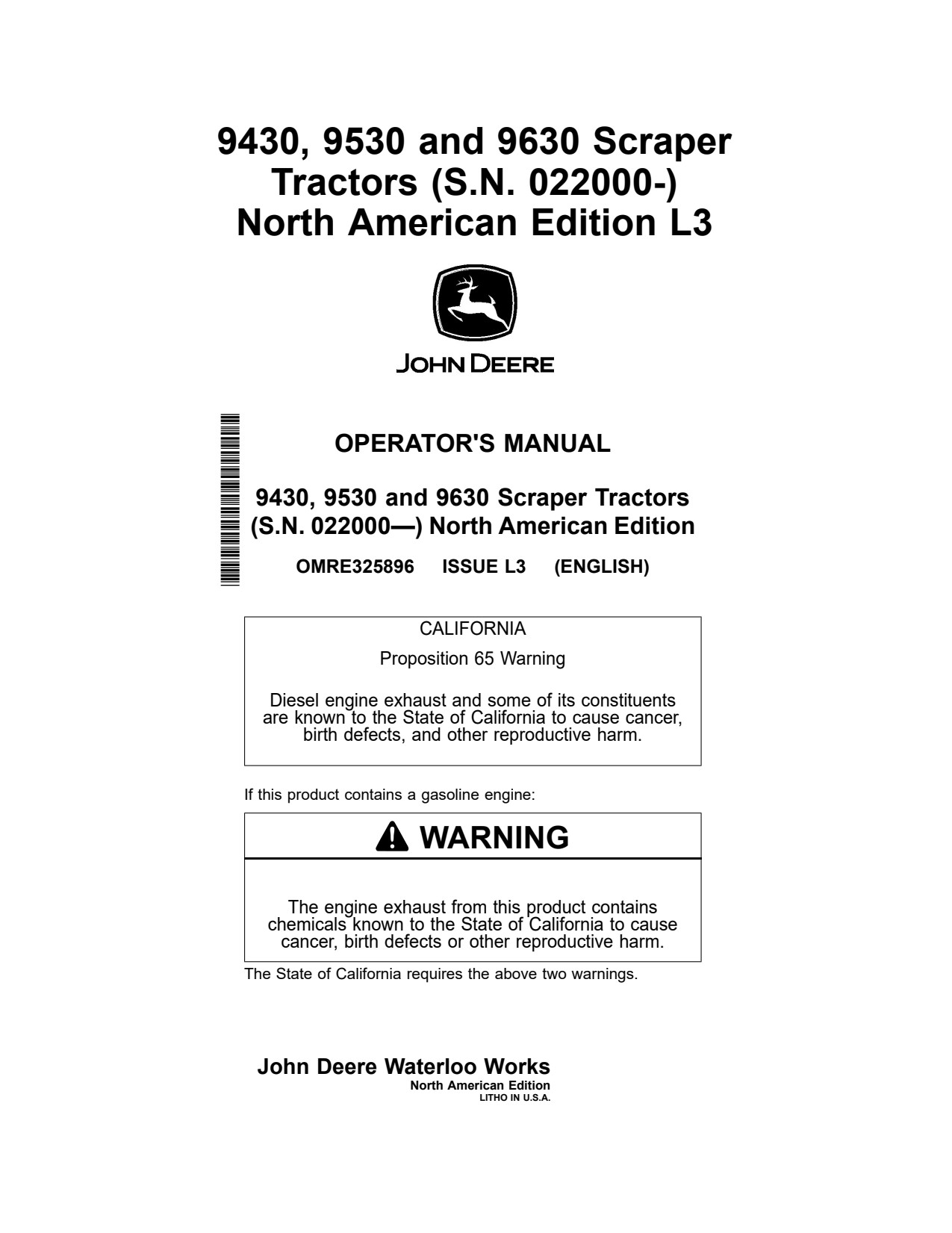 John Deere 9430 to 9630 Scraper Tractor Operator Manual OMRE325896 1 John Deere 9430 to 9630 Scraper Tractor Operator Manual OMRE325896