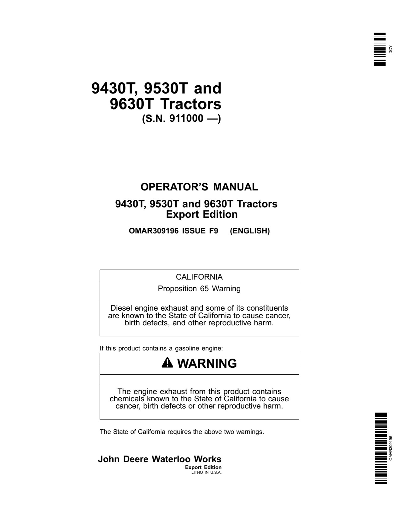 John Deere 9430T 9530T 9630T Tractor Operator Manual OMAR309196 1 John Deere 9430T 9530T 9630T Tractor Operator Manual OMAR309196