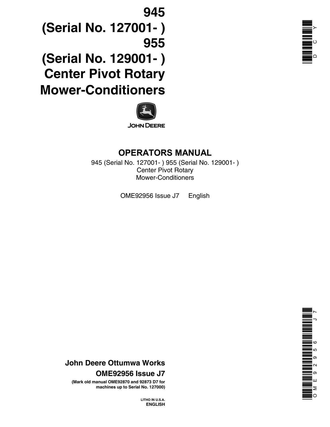 John Deere 945 955 Pivot Rotary Mower Conditioner Operator Manual OME92956 1 John Deere 945 955 Pivot Rotary Mower Conditioner Operator Manual OME92956