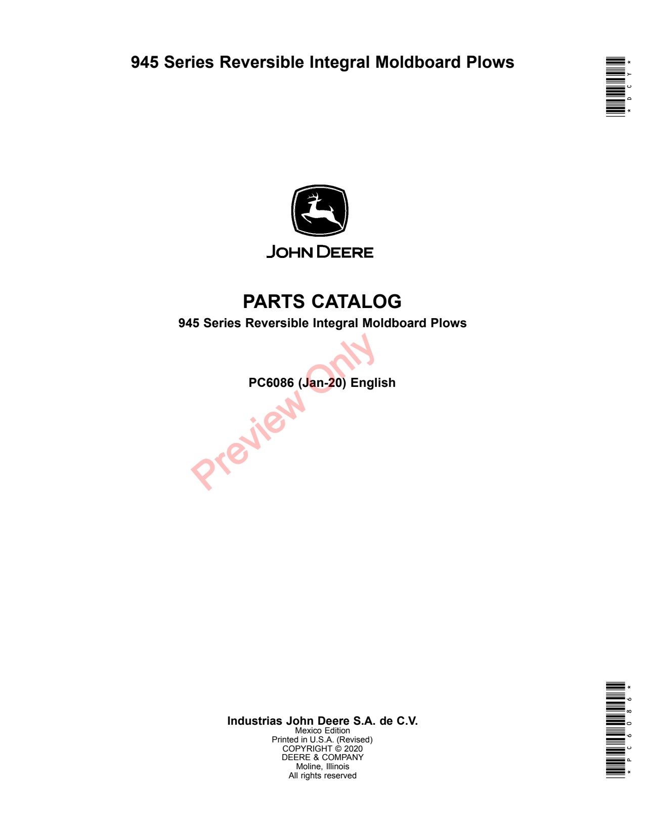John Deere 945 Reversible Integral Moldboard Plow Parts Catalog PC6086 1 John Deere 945 Reversible Integral Moldboard Plow Parts Catalog PC6086