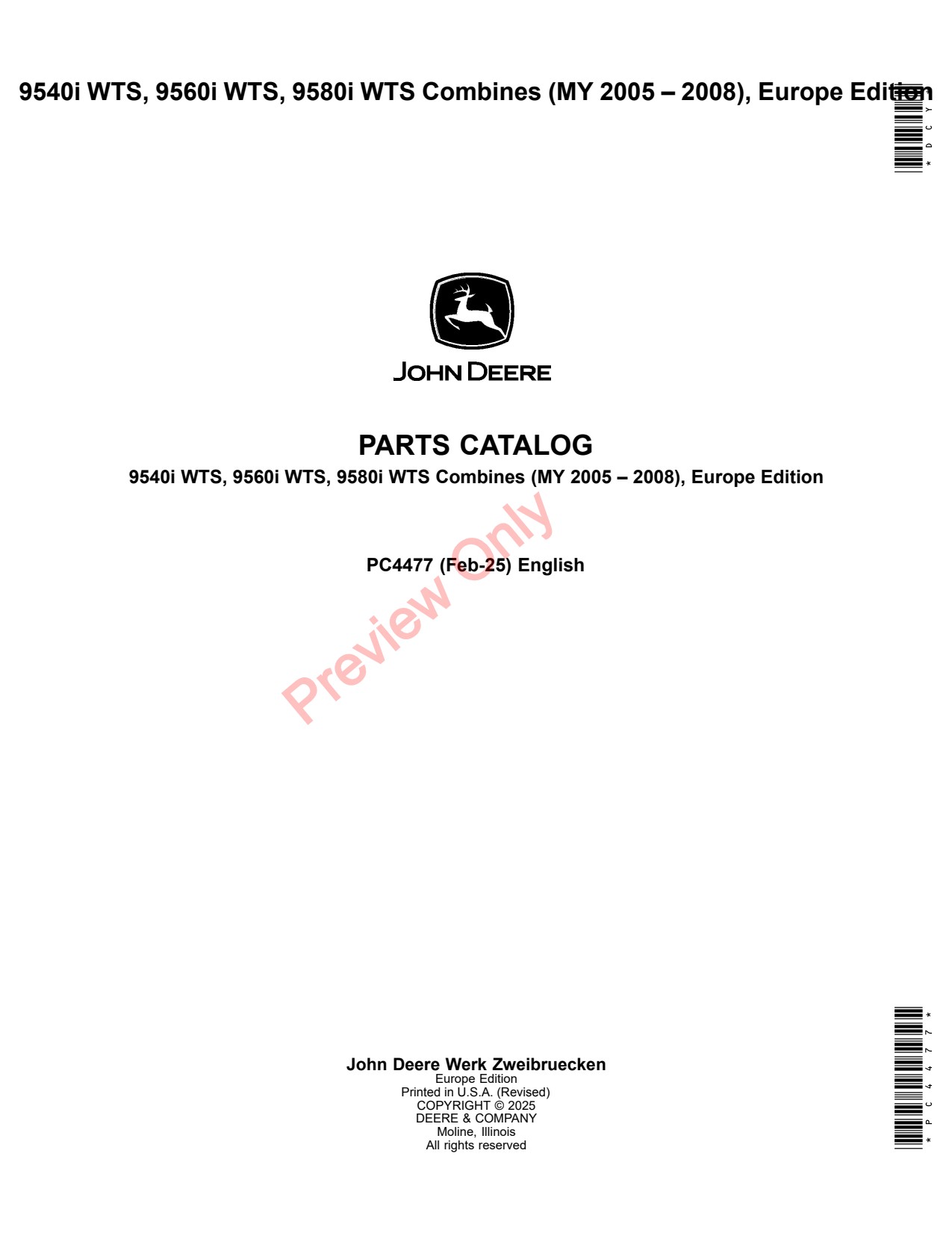 John Deere 9540I WTS 9560I 9580I Combine Parts Catalog PC4477 1 John Deere 9540I WTS 9560I 9580I Combine Parts Catalog PC4477