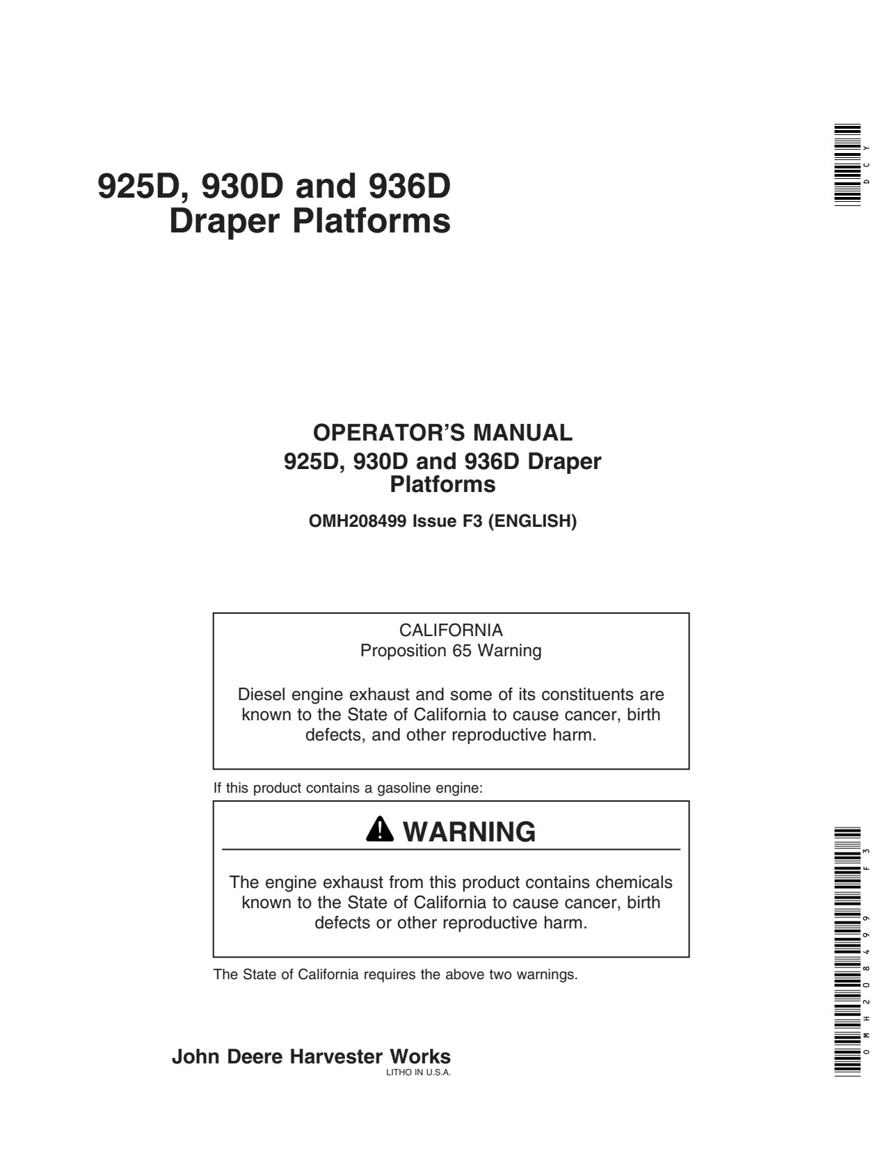 John Deere 9550 9650 STS 9750 9510 CTS 9610 9500 9600 II 9660 9860 9560 9760 925D 930D 936D Header Platform Operator Manual OMH208499 1 John Deere 9550 9650 STS 9750 9510 CTS 9610 9500 9600 II 9660 9860 9560 9760 925D 930D 936D Header Platform Operator Manual OMH208499