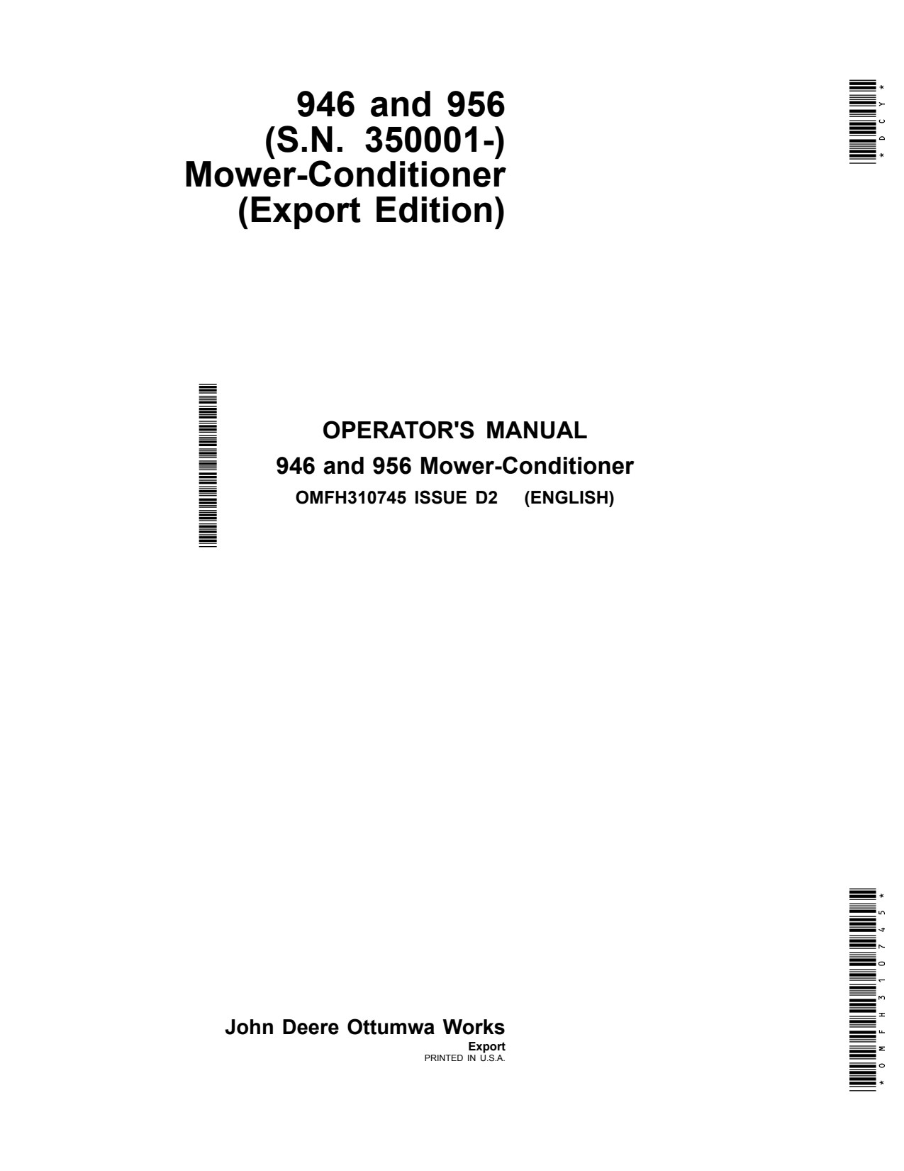 John Deere 956 946 Mower Conditioner Operator Manual OMFH310745 1 John Deere 956 946 Mower Conditioner Operator Manual OMFH310745