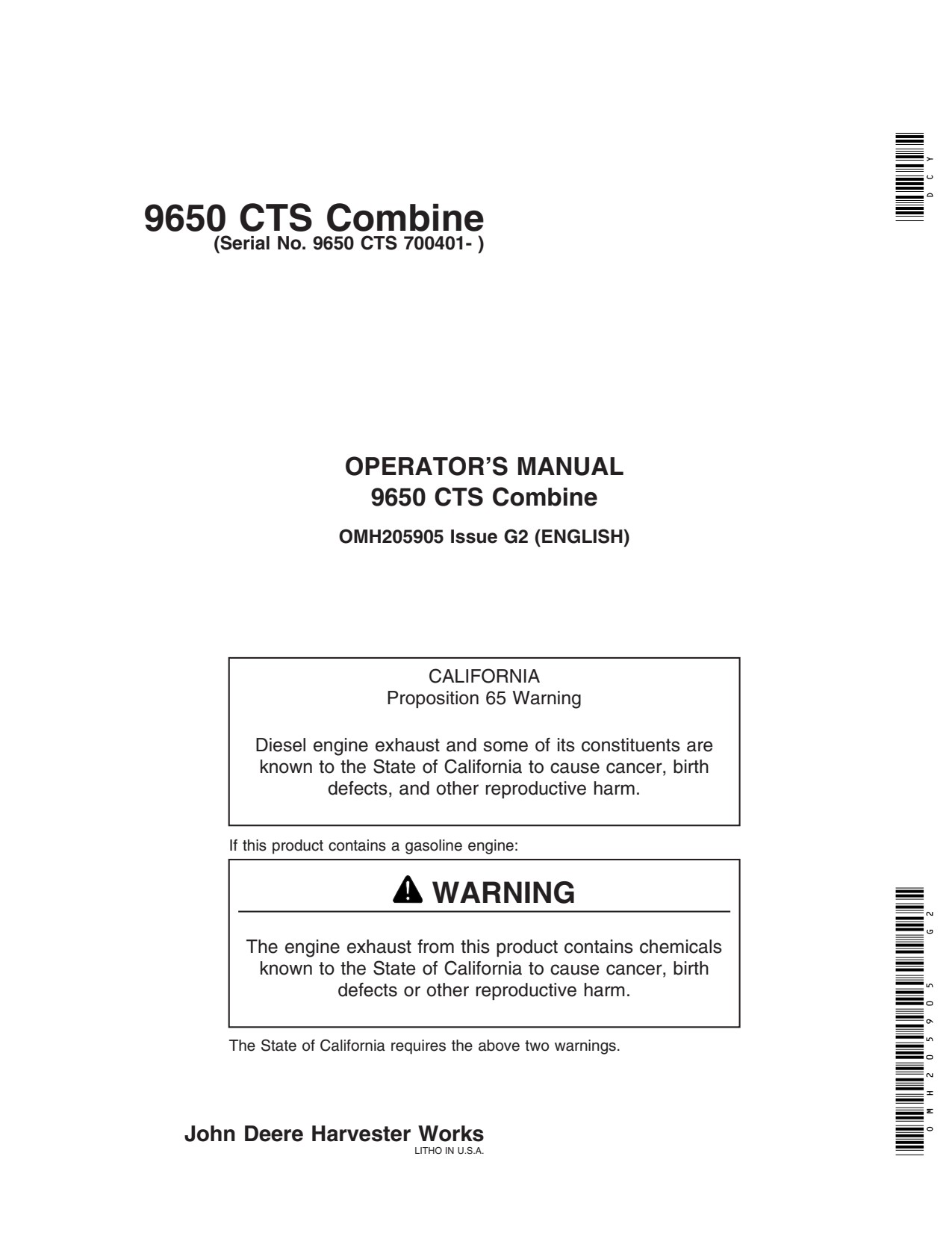 John Deere 9650 CTS Combine Operator Manual OMH205905 1 John Deere 9650 CTS Combine Operator Manual OMH205905
