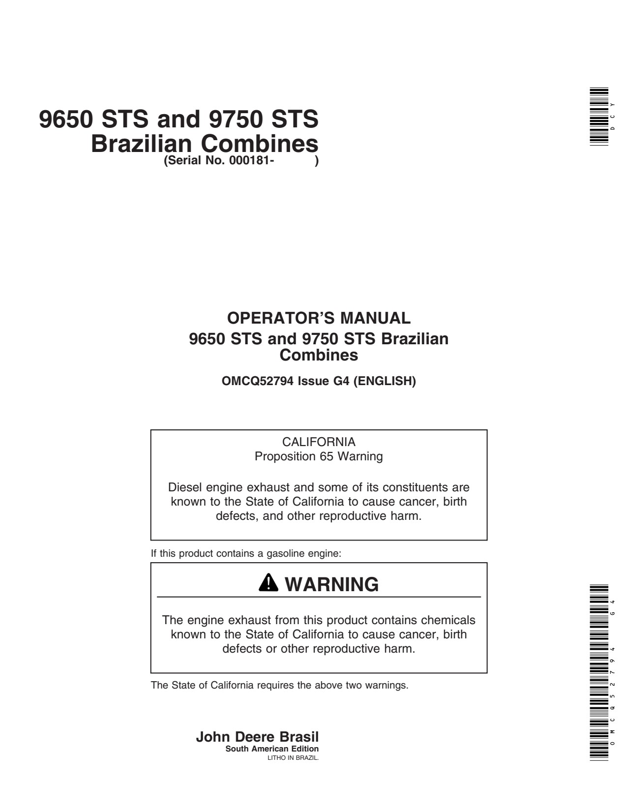 John Deere 9650 STS 9750 Brazilian Combine Operator Manual OMCQ52794 1 John Deere 9650 STS 9750 Brazilian Combine Operator Manual OMCQ52794