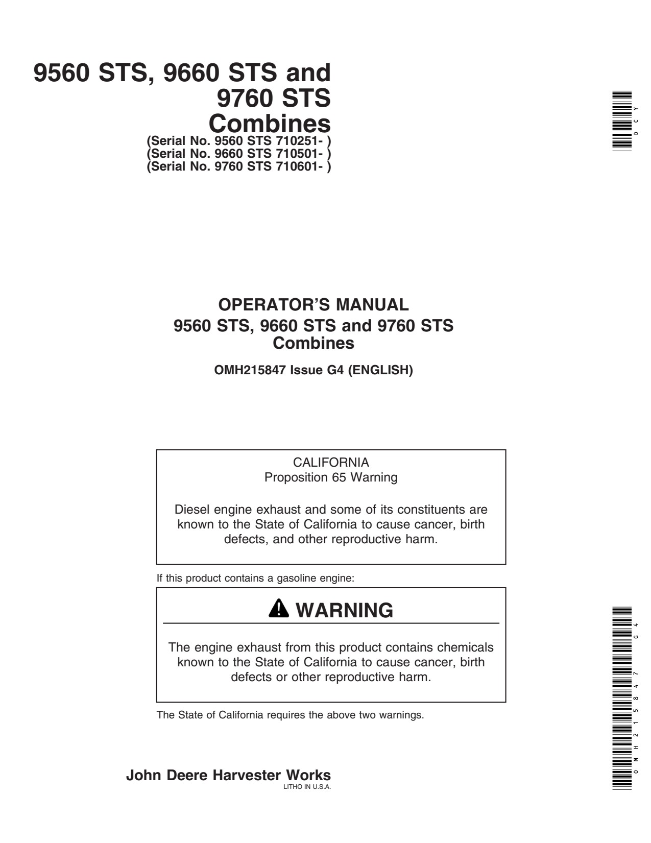 John Deere 9660 STS 9560 9760 9560STS 9660STS 9760STS Combine Operator Manual OMH215847 1 John Deere 9660 STS 9560 9760 9560STS 9660STS 9760STS Combine Operator Manual OMH215847