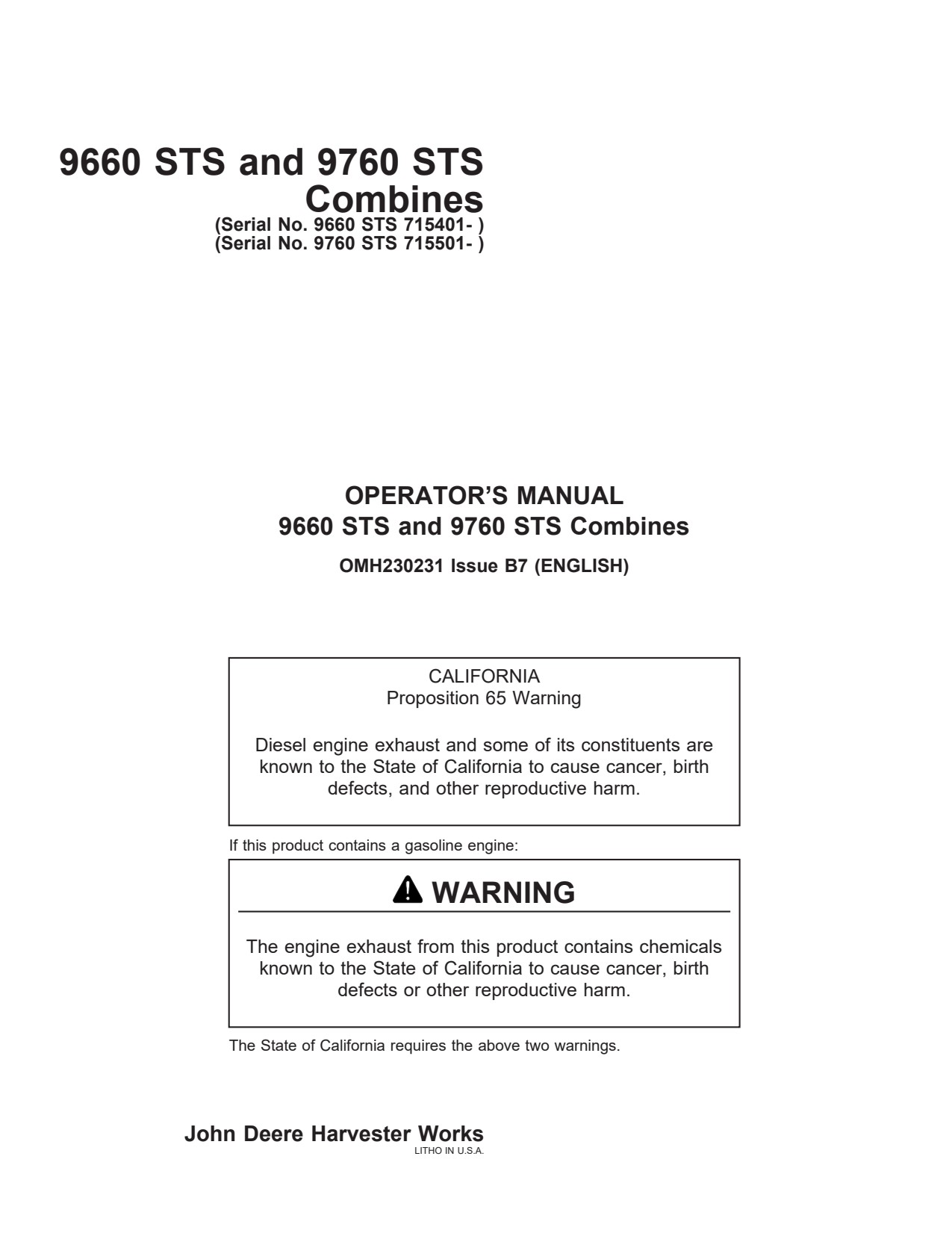 John Deere 9660 STS 9760 9660STS 9760STS Combine Operator Manual OMH230231 1 John Deere 9660 STS 9760 9660STS 9760STS Combine Operator Manual OMH230231