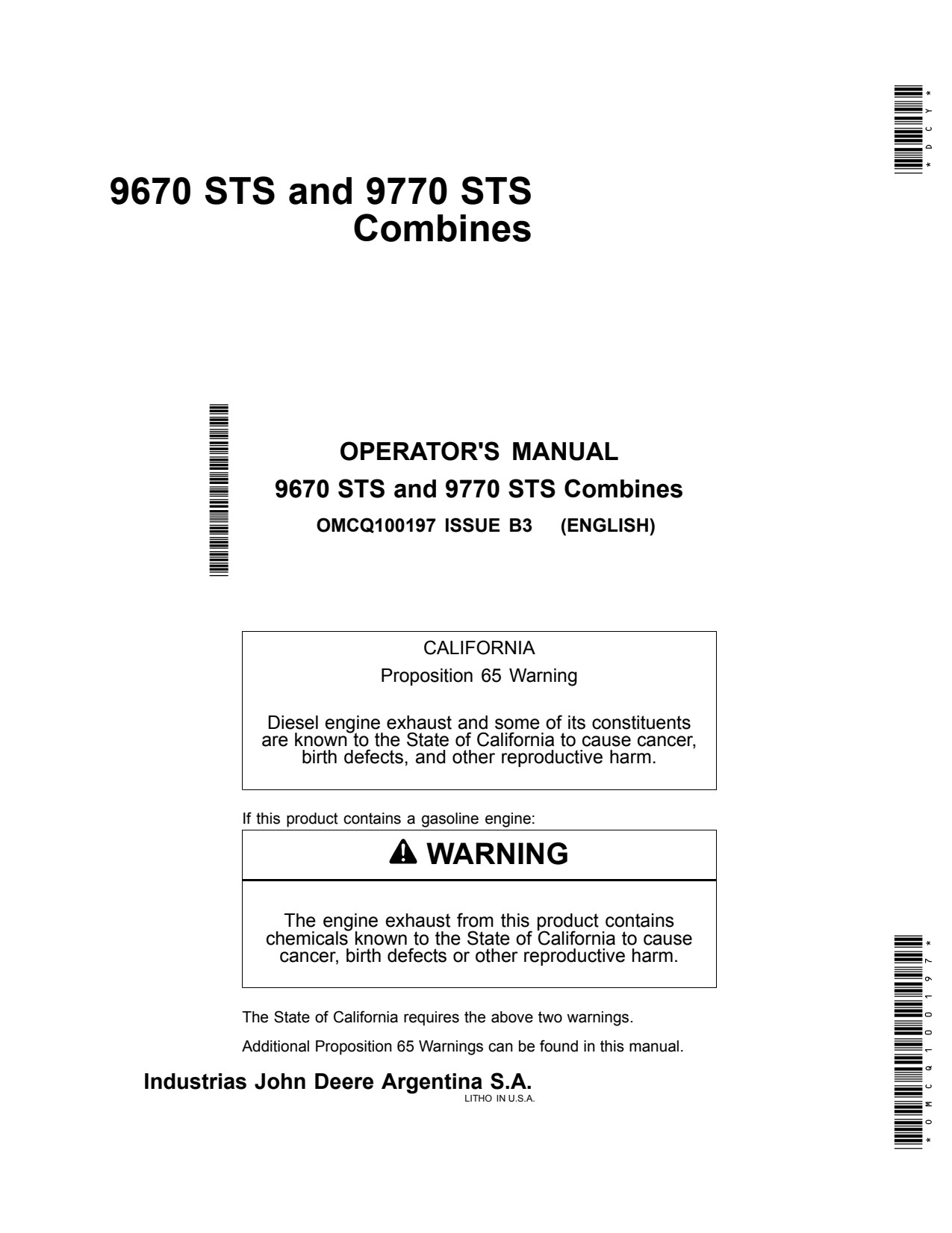 John Deere 9670 STS 9770 Combine Operator Manual OMCQ100197 1 John Deere 9670 STS 9770 Combine Operator Manual OMCQ100197