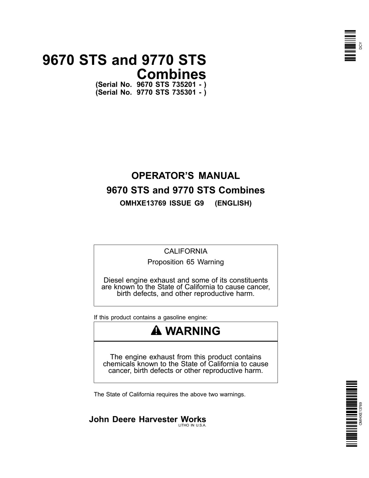 John Deere 9670 STS 9770 Combine Operator Manual OMHXE13769 1 John Deere 9670 STS 9770 Combine Operator Manual OMHXE13769