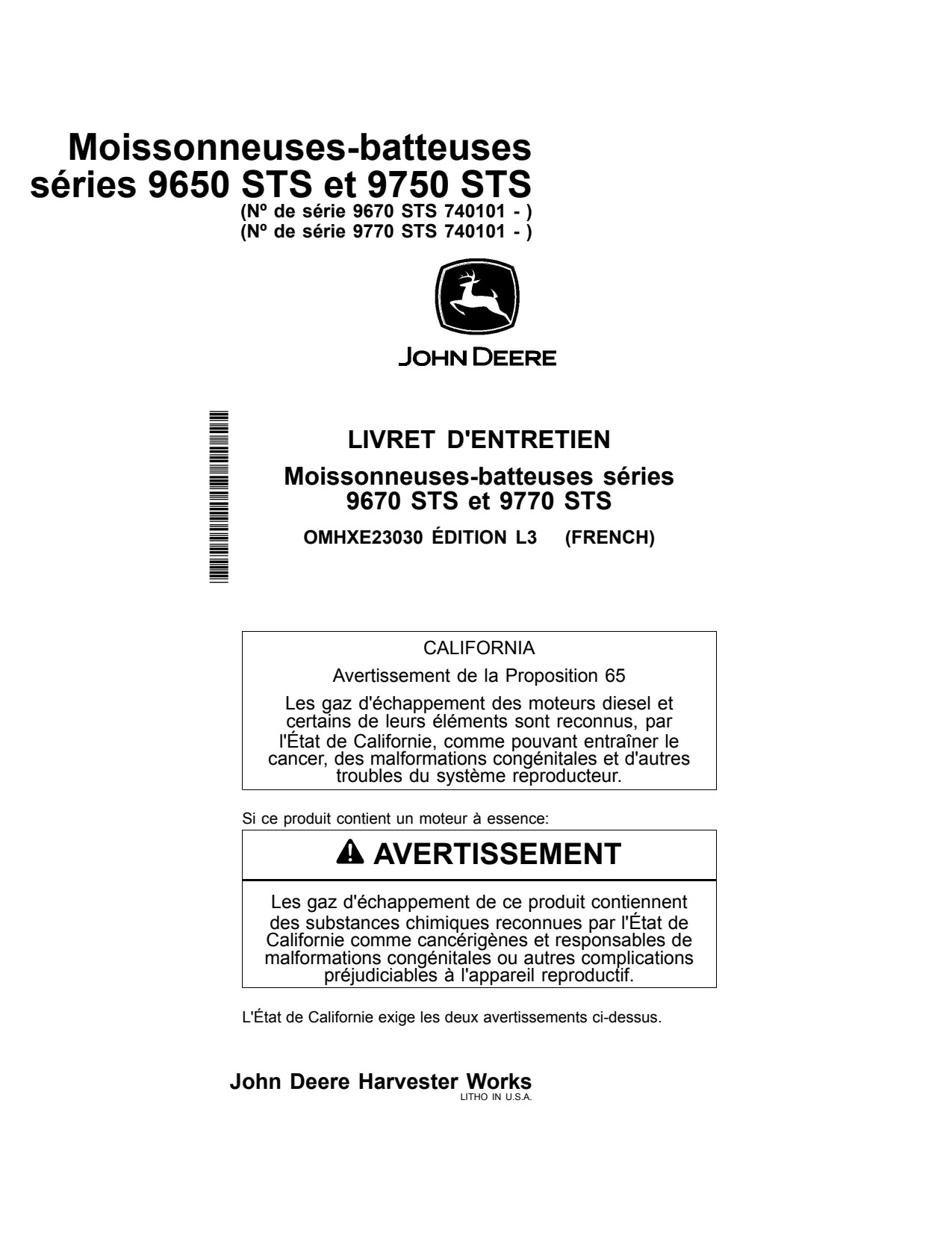 John Deere 9670 STS 9770 Combine Operator Manual OMHXE23030 FR 1 John Deere 9670 STS 9770 Combine Operator Manual OMHXE23030 FR