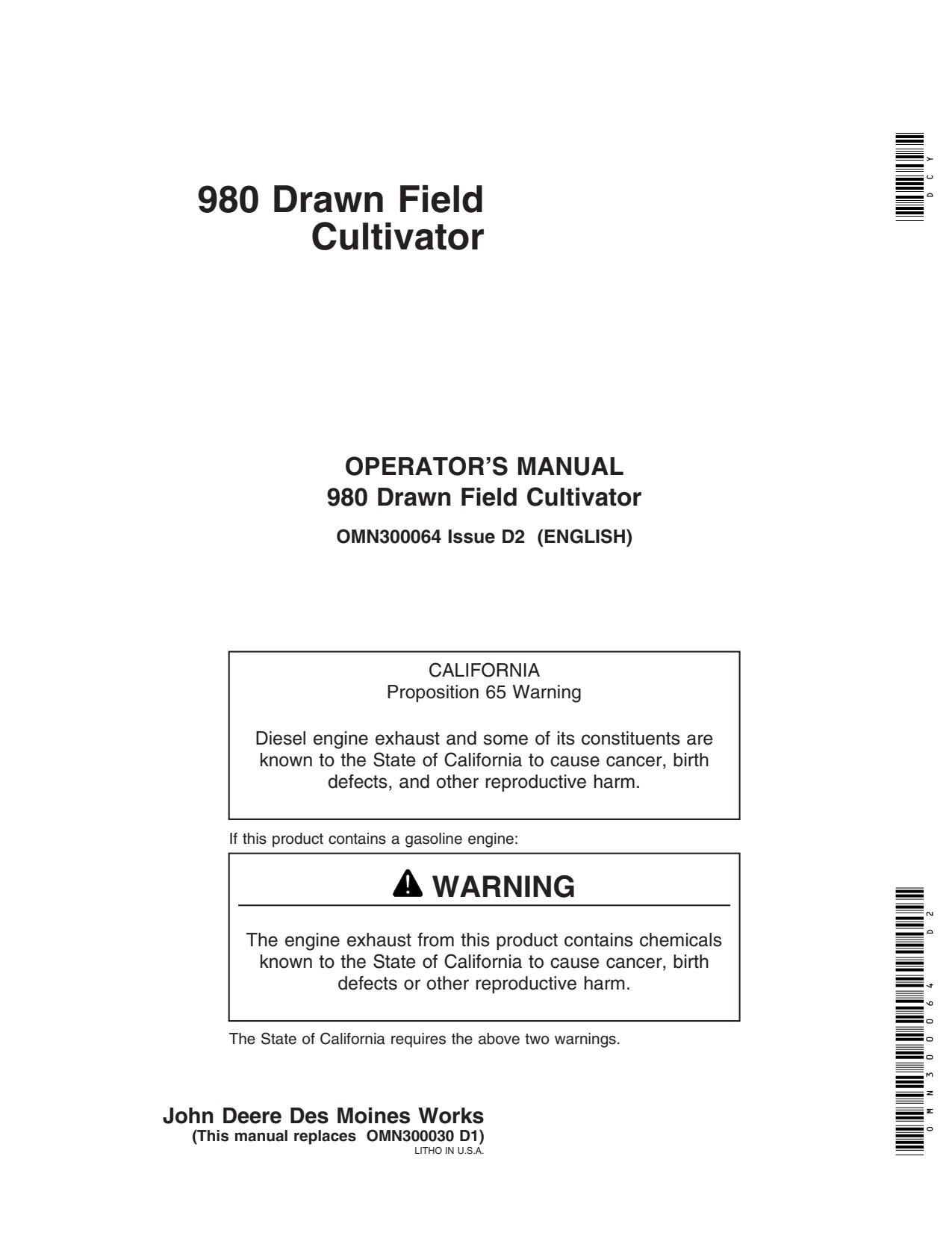 John Deere 980 Drawn Field Cultivator Operator Manual OMN300064 1 John Deere 980 Drawn Field Cultivator Operator Manual OMN300064