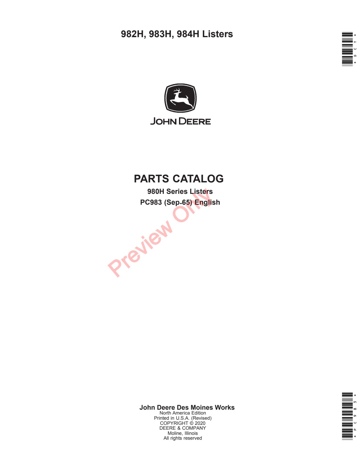 John Deere 982H 983H 984H 980H Lister Parts Catalog PC983