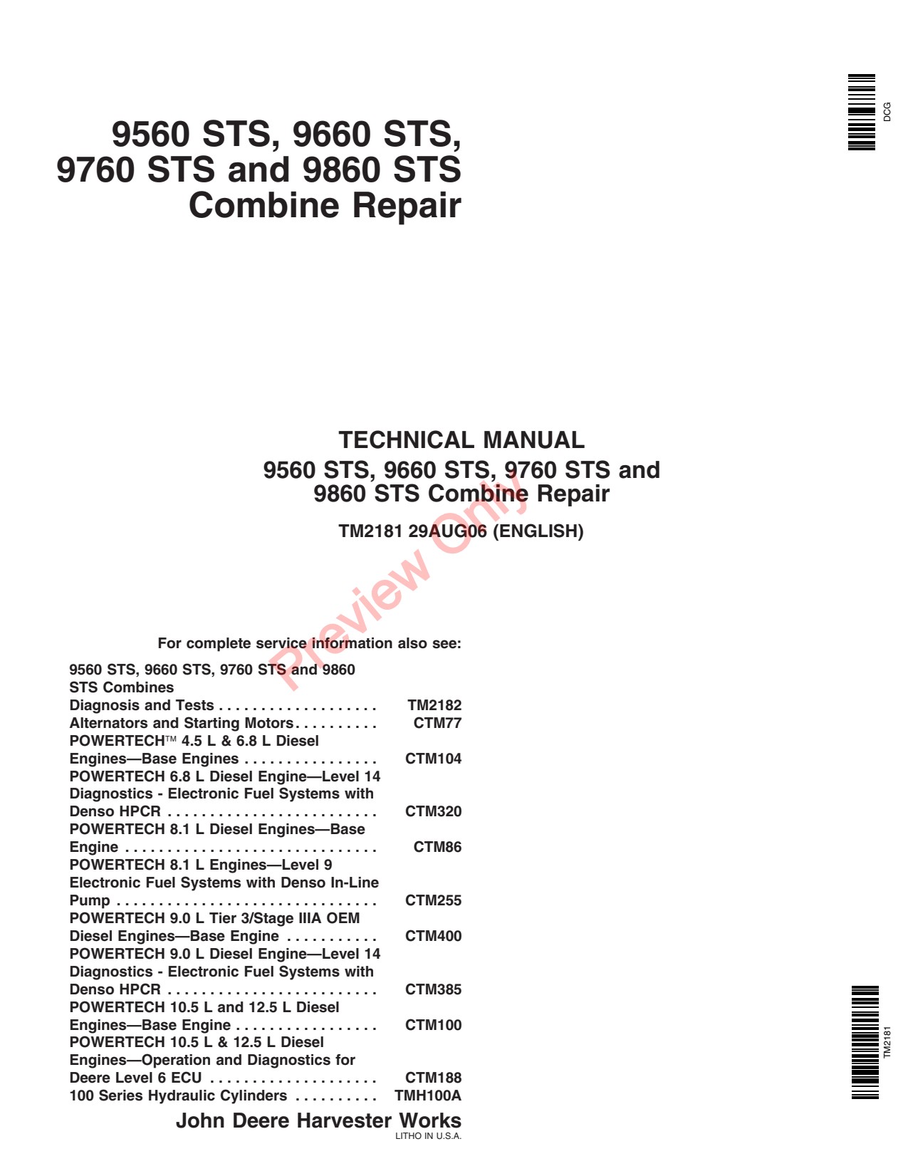 John Deere 9860 STS 9660 9760 9560 Combine Repair Technical Manual TM2181 1 John Deere 9860 STS 9660 9760 9560 Combine Repair Technical Manual TM2181
