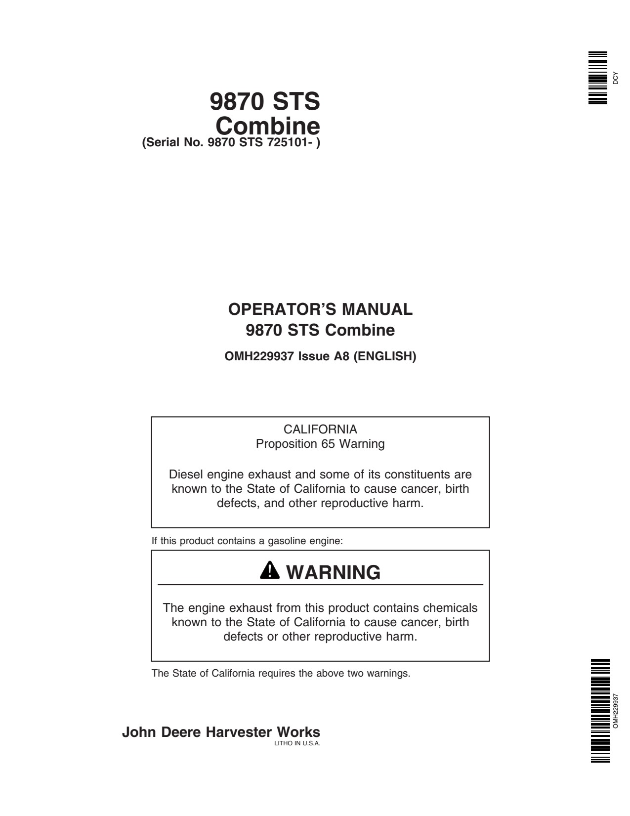 John Deere 9870 STS Combine Operator Manual OMH229937 1 John Deere 9870 STS Combine Operator Manual OMH229937