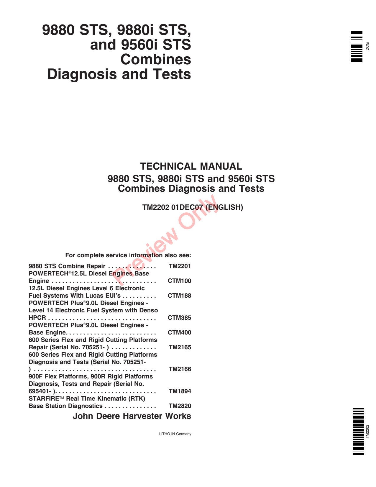 John Deere 9880 STS 9880i 9560i Combine Diagnostic Technical Manual TM2202 1 John Deere 9880 STS 9880i 9560i Combine Diagnostic Technical Manual TM2202