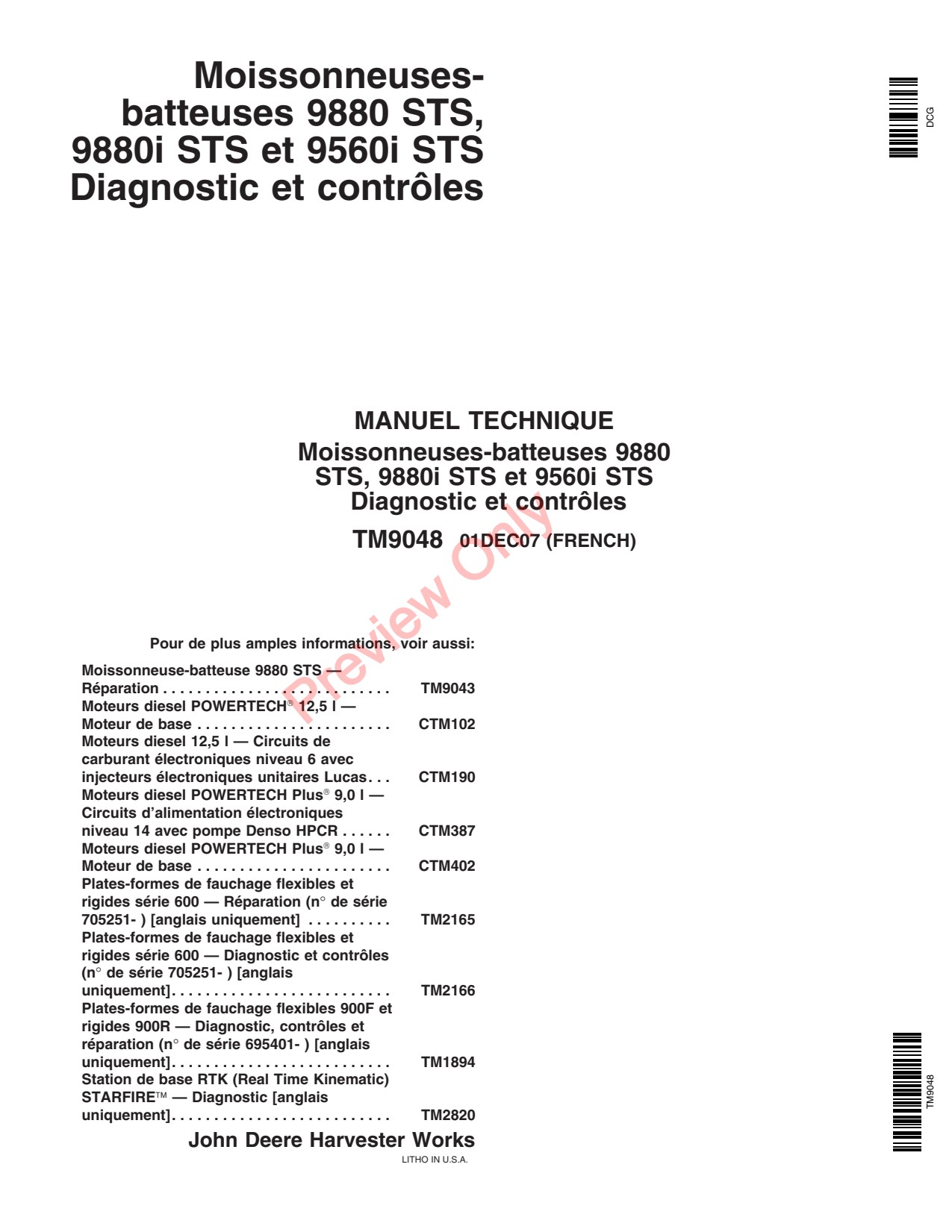 John Deere 9880 STS 9880i 9560i Combine Diagnostic Technical Manual TM9048 FR 1 John Deere 9880 STS 9880i 9560i Combine Diagnostic Technical Manual TM9048 FR