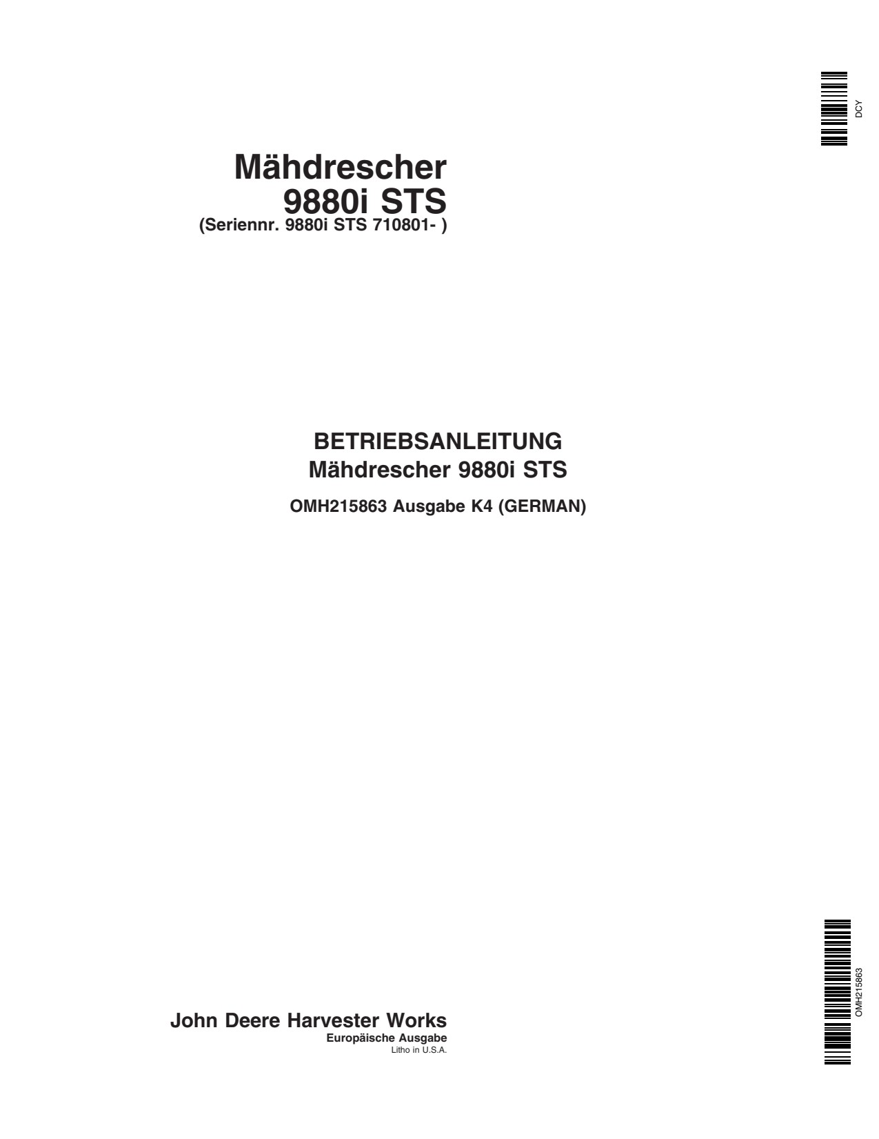 John Deere 9880i STS 9880ISTS Chaff Spreader Operator Manual OMH215863 DE 1 John Deere 9880i STS 9880ISTS Chaff Spreader Operator Manual OMH215863 DE