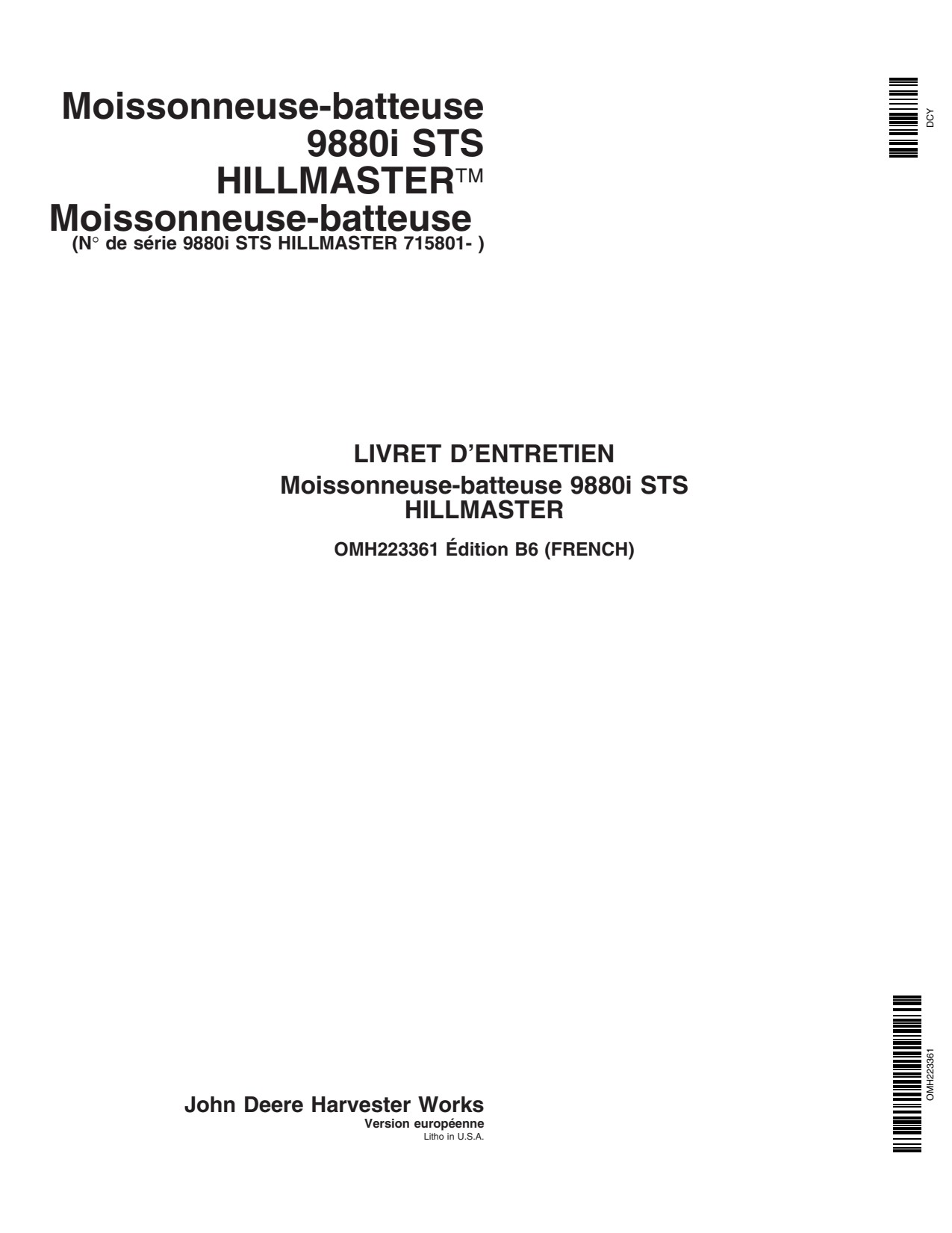 John Deere 9880i STS Chaff Spreader Operator Manual OMH223361 FR 1 John Deere 9880i STS Chaff Spreader Operator Manual OMH223361 FR