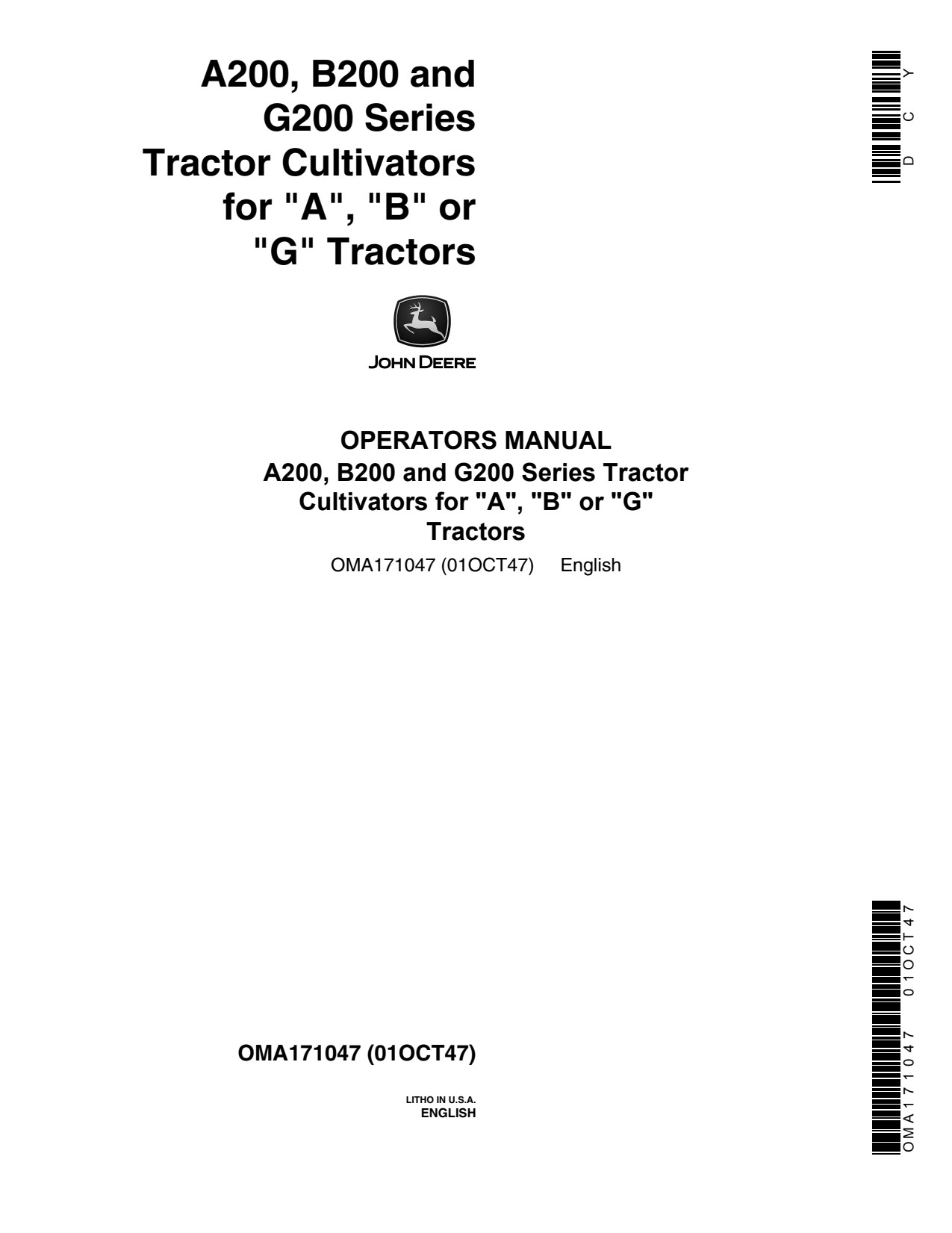 John Deere A200 B200 G200 Tractor Cultivator Operator Manual OMA171047 1 John Deere A200 B200 G200 Tractor Cultivator Operator Manual OMA171047