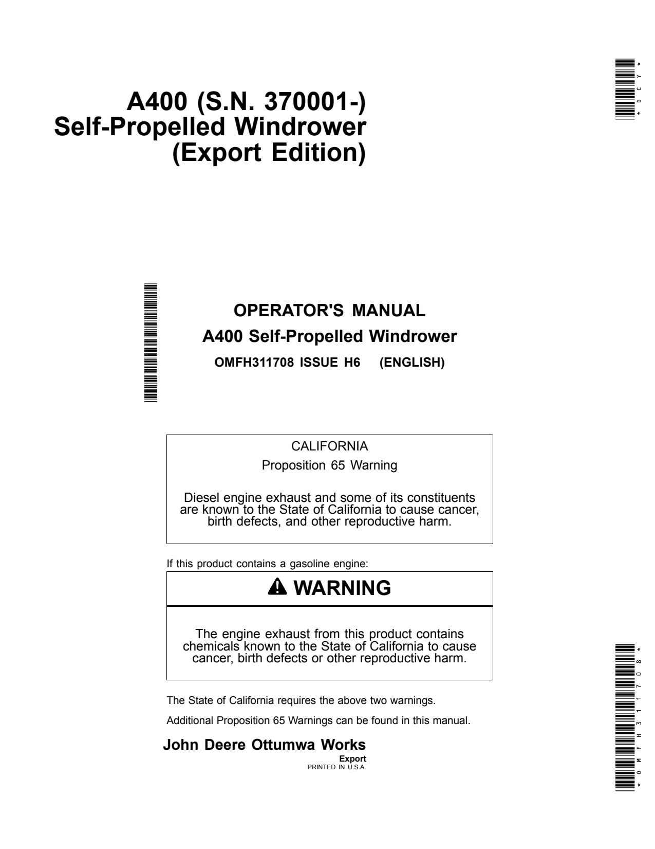 John Deere A400 Self-propelled Windrower Operator Manual OMFH311708 1 John Deere A400 Self-propelled Windrower Operator Manual OMFH311708