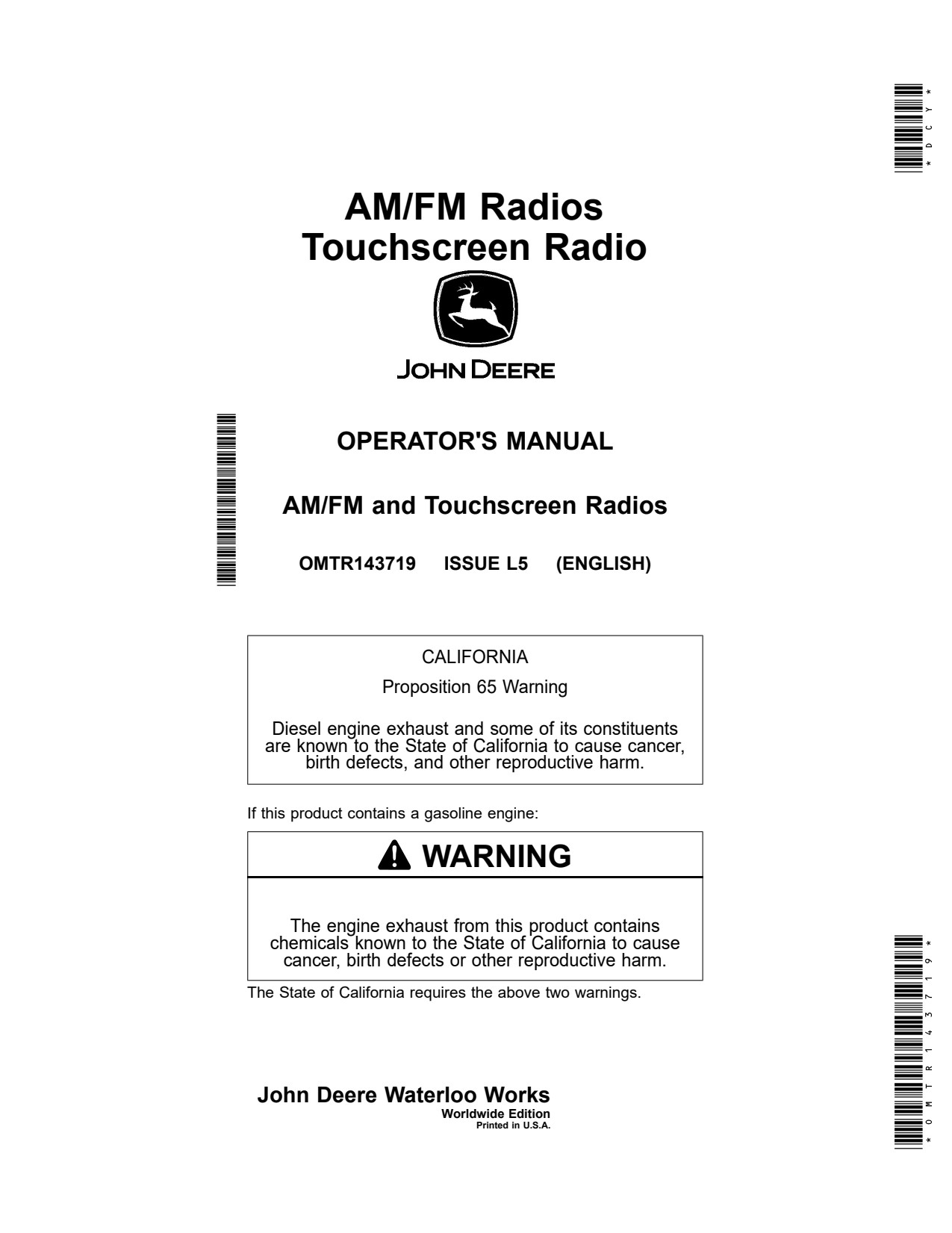 John Deere AM FM Radios Touchscreen Radio Precision Ag Electronics Operator Manual OMTR143719 1 John Deere AM FM Radios Touchscreen Radio Precision Ag Electronics Operator Manual OMTR143719